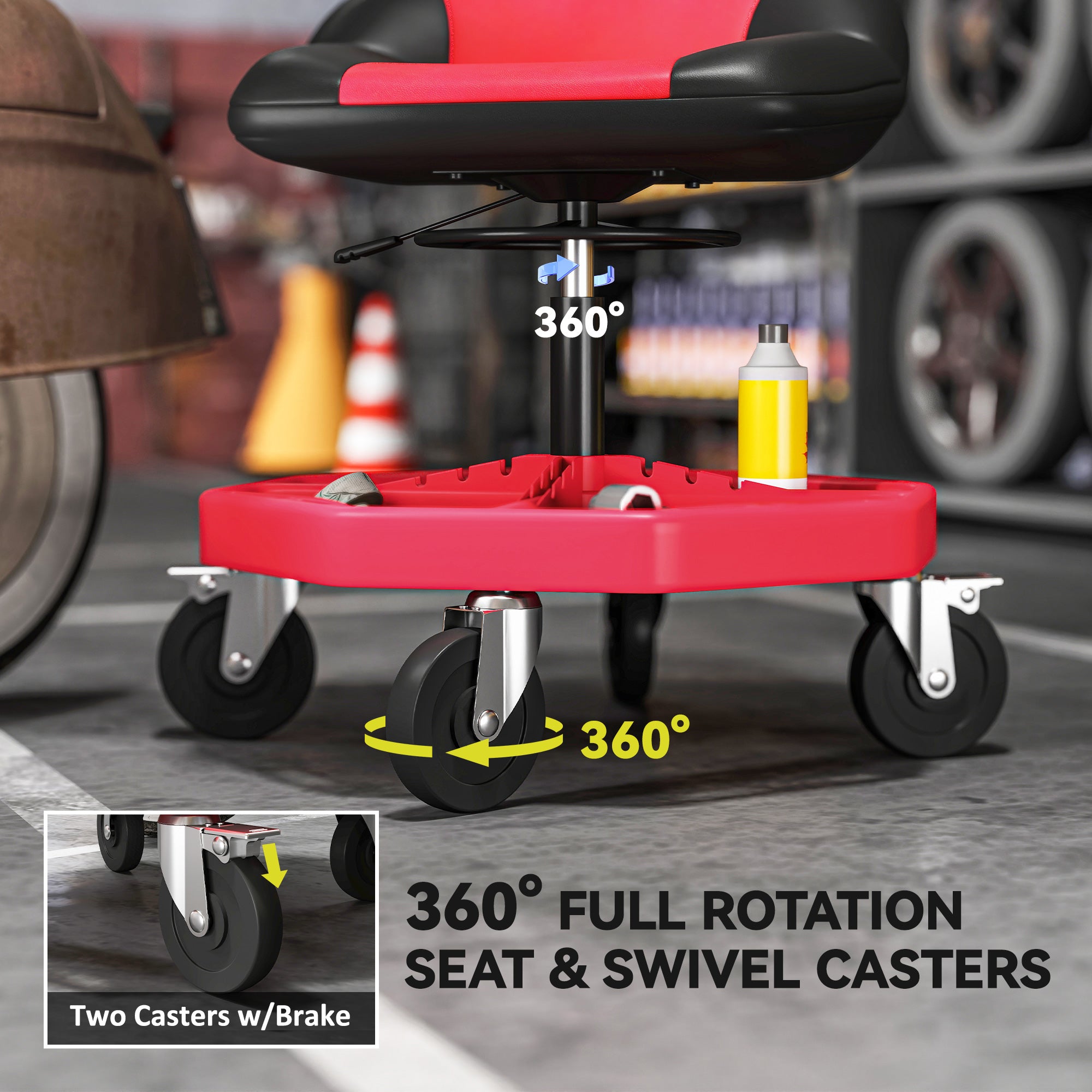Aosom Adjustable Rolling Garage Mechanic Stool - Red 300 lbs-Home Improvement > Tools-DECOROLALA