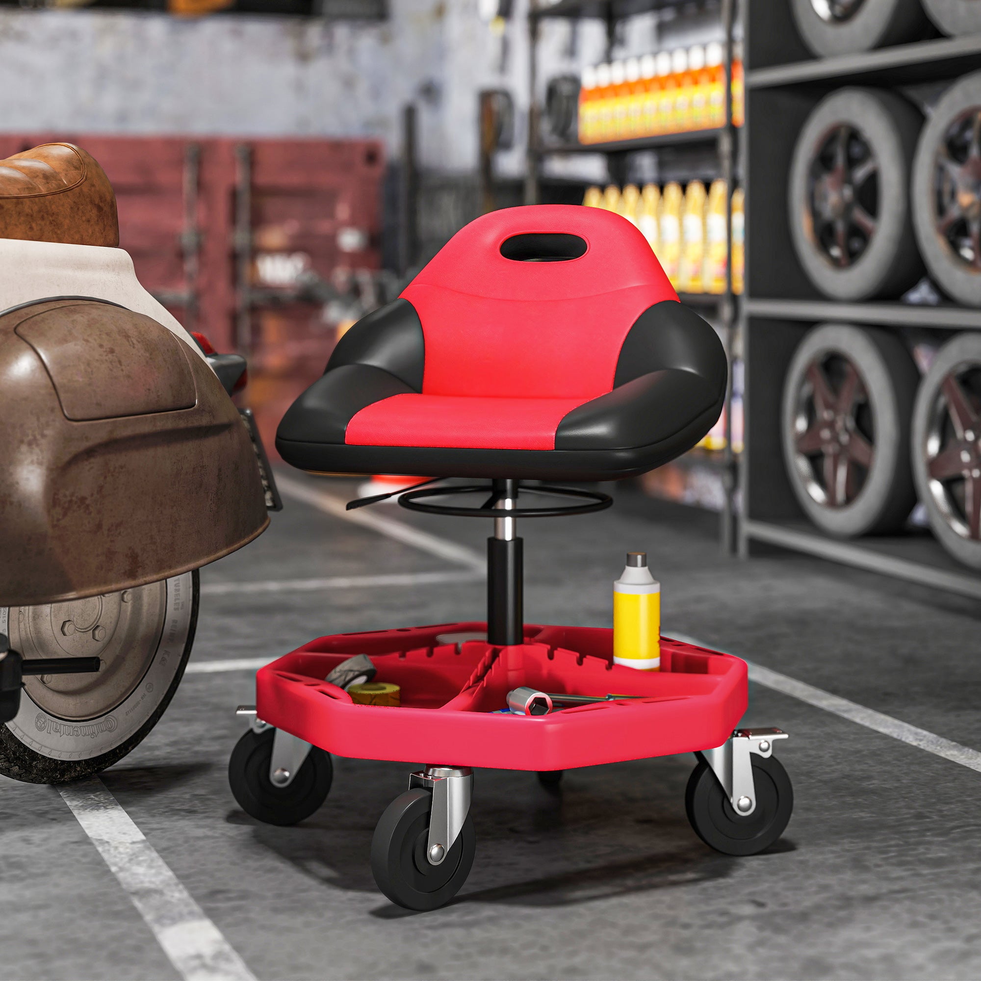 Aosom Adjustable Rolling Garage Mechanic Stool - Red 300 lbs-Home Improvement > Tools-DECOROLALA