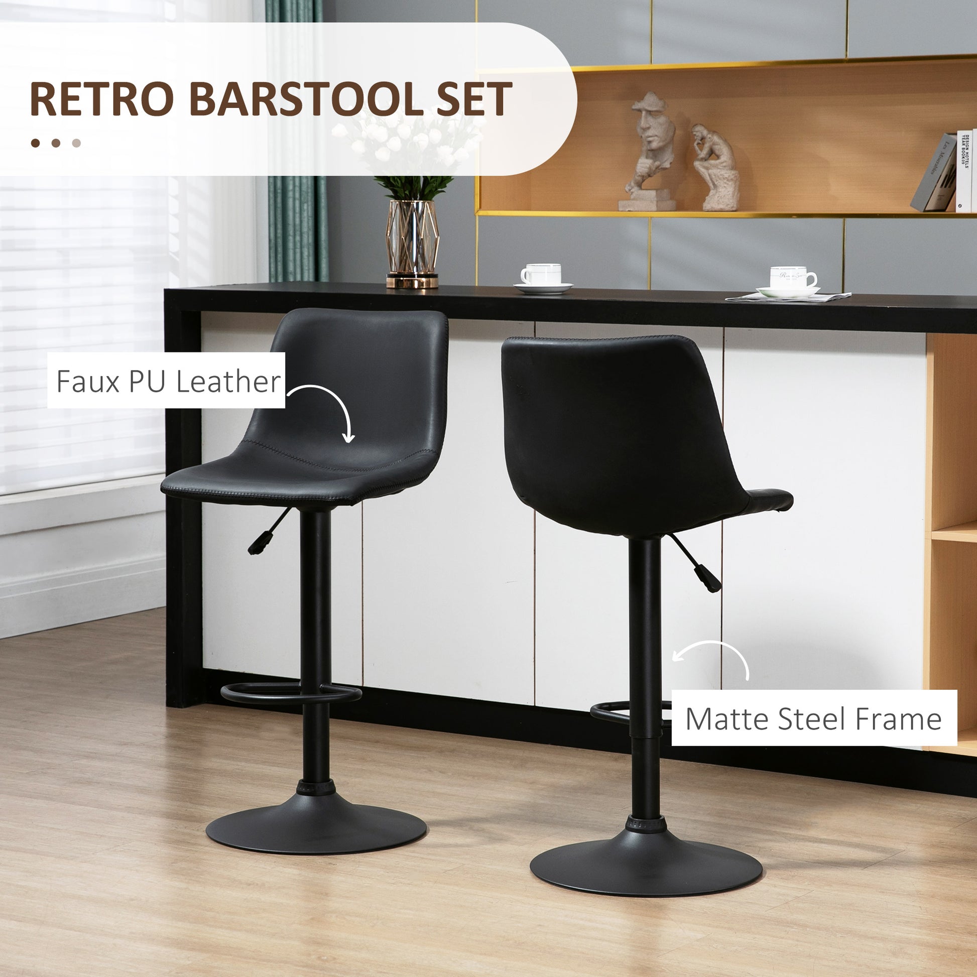 Aosom Adjustable Swivel Bar Stools Set of 2 - Retro Grey PU Leather-Home Furnishings > Kitchen & Dining Furniture > Bar Stools-DECOROLALA