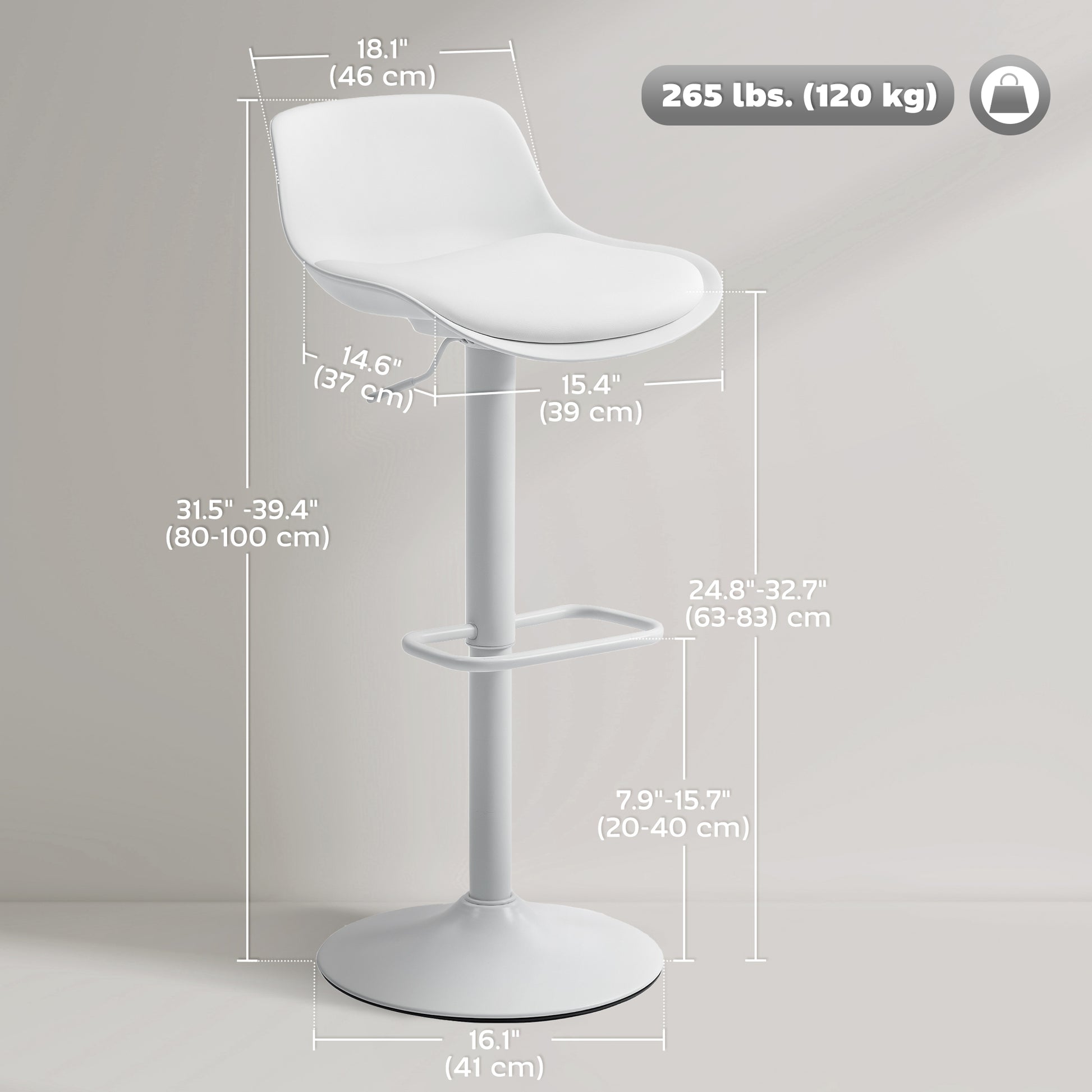 Aosom Adjustable Swivel Bar Stools - Set of 2, White PU Leather-Home Furnishings > Kitchen & Dining Furniture > Bar Stools-DECOROLALA