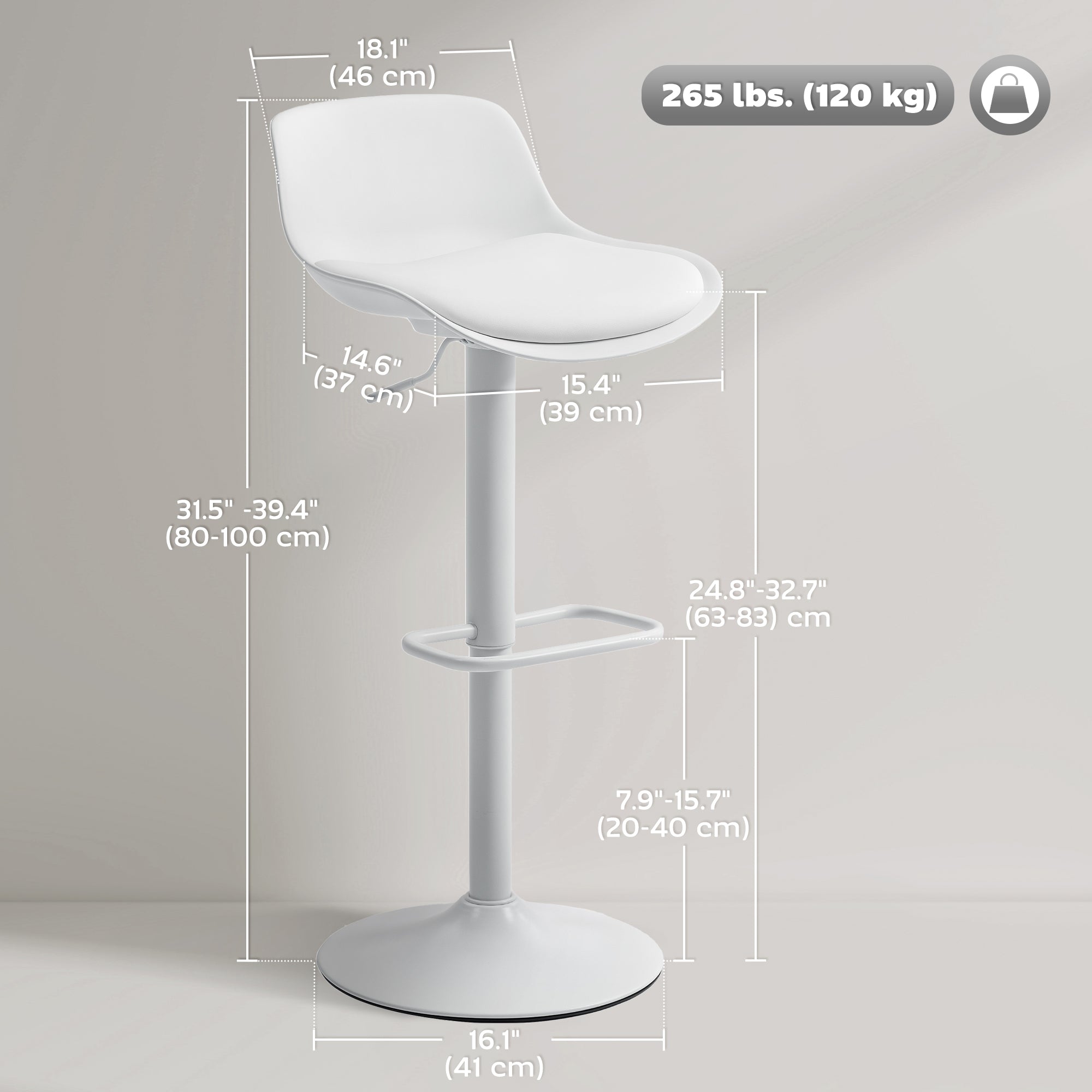 Aosom Adjustable Swivel Bar Stools - Set of 2, White PU Leather-Home Furnishings > Kitchen & Dining Furniture > Bar Stools-DECOROLALA
