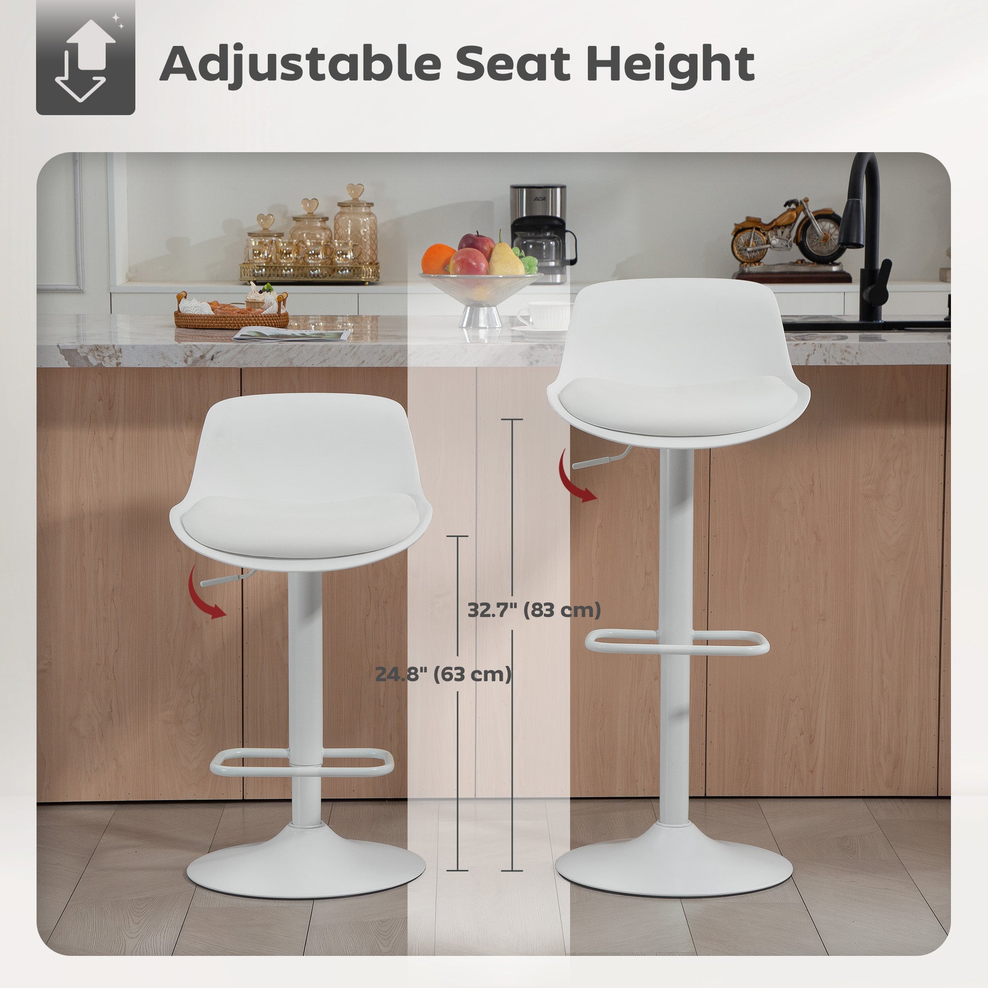 Aosom Adjustable Swivel Bar Stools - Set of 2, White PU Leather-Home Furnishings > Kitchen & Dining Furniture > Bar Stools-DECOROLALA