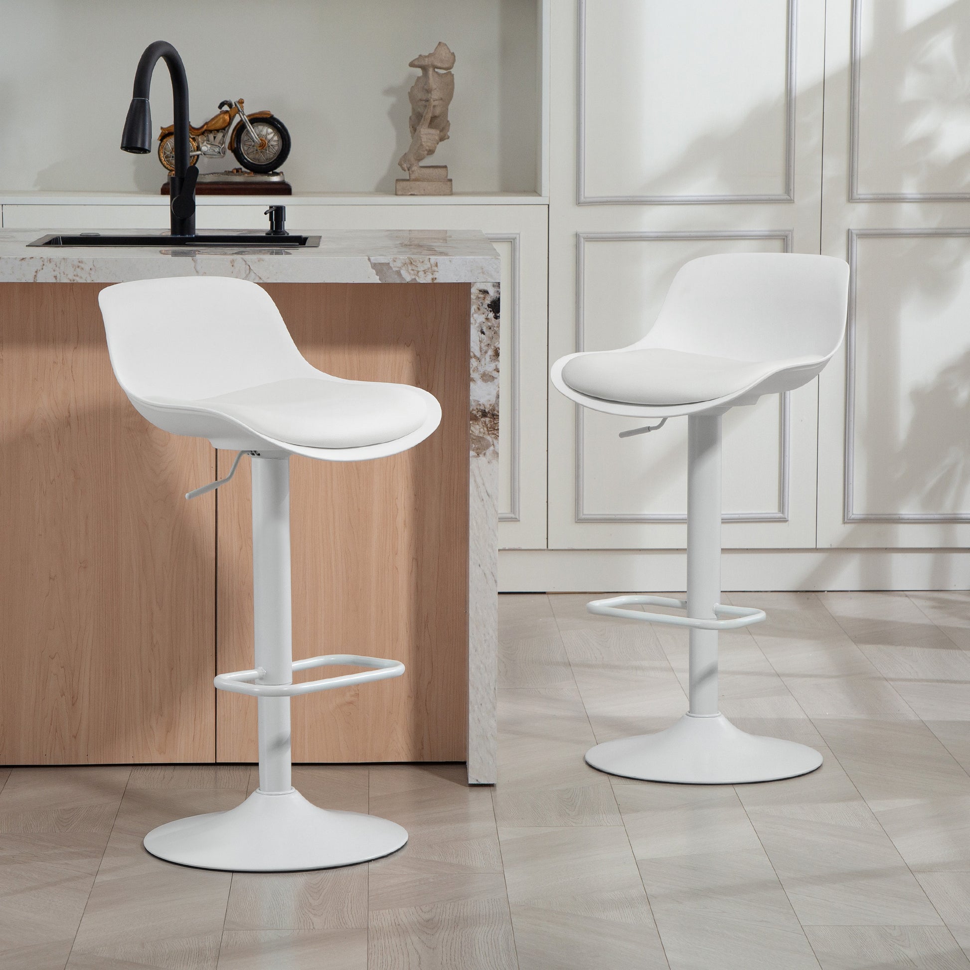 Aosom Adjustable Swivel Bar Stools - Set of 2, White PU Leather-Home Furnishings > Kitchen & Dining Furniture > Bar Stools-DECOROLALA