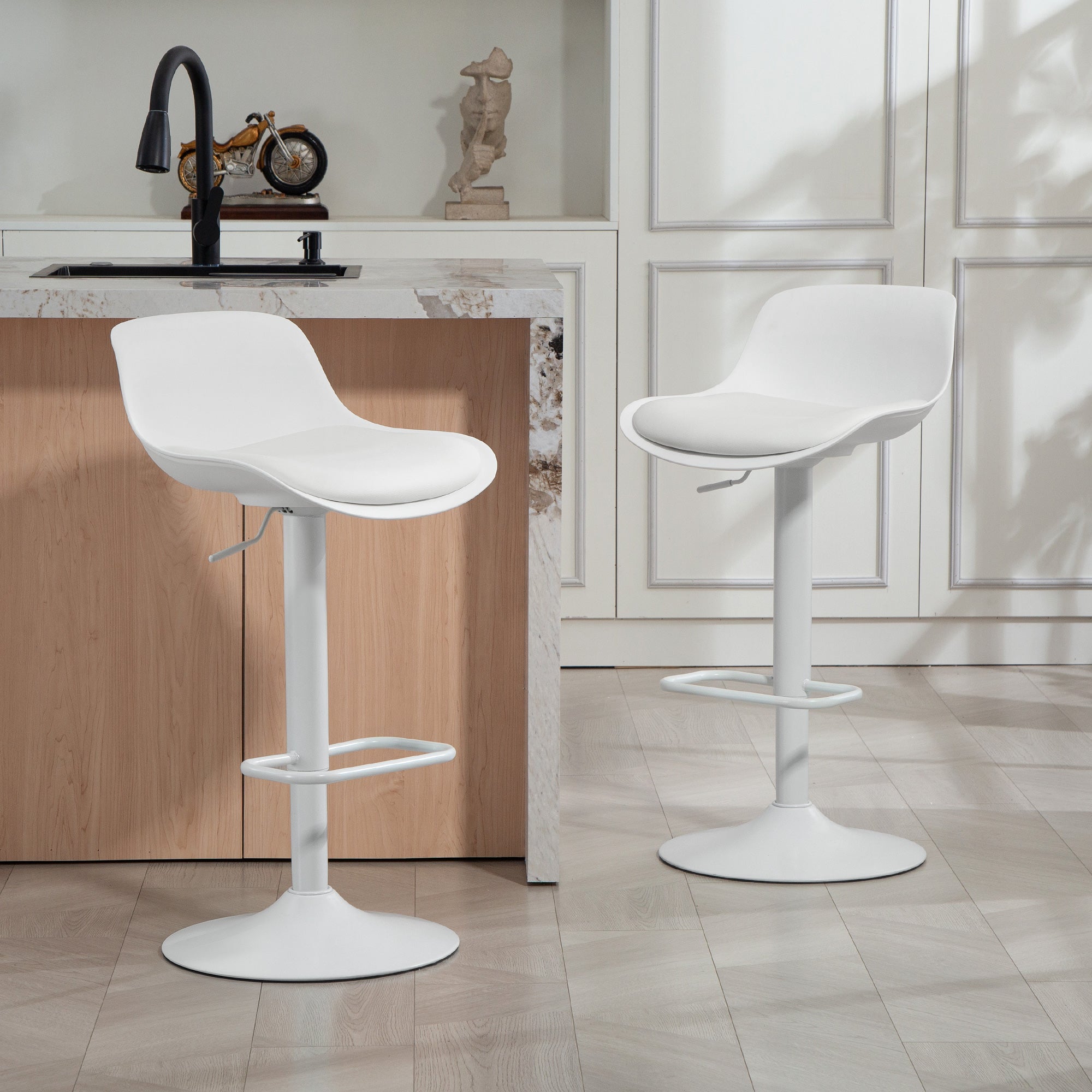 Aosom Adjustable Swivel Bar Stools - Set of 2, White PU Leather-Home Furnishings > Kitchen & Dining Furniture > Bar Stools-DECOROLALA