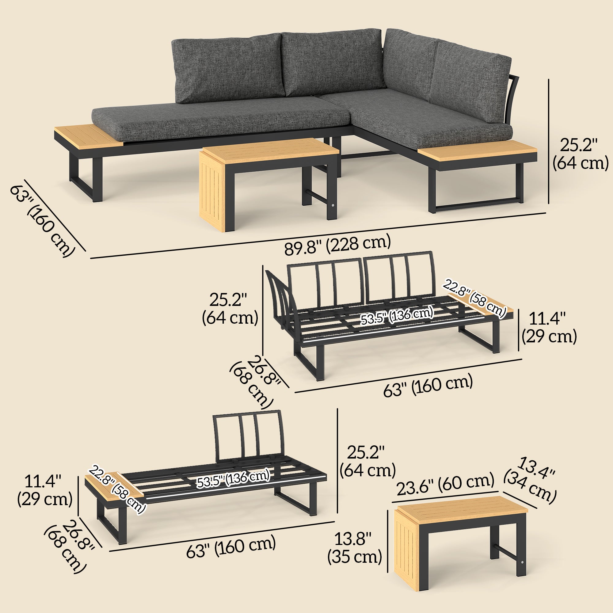 Aosom Aluminum Patio Sectional Set - 2 Loveseats Grey-DECOROLALA