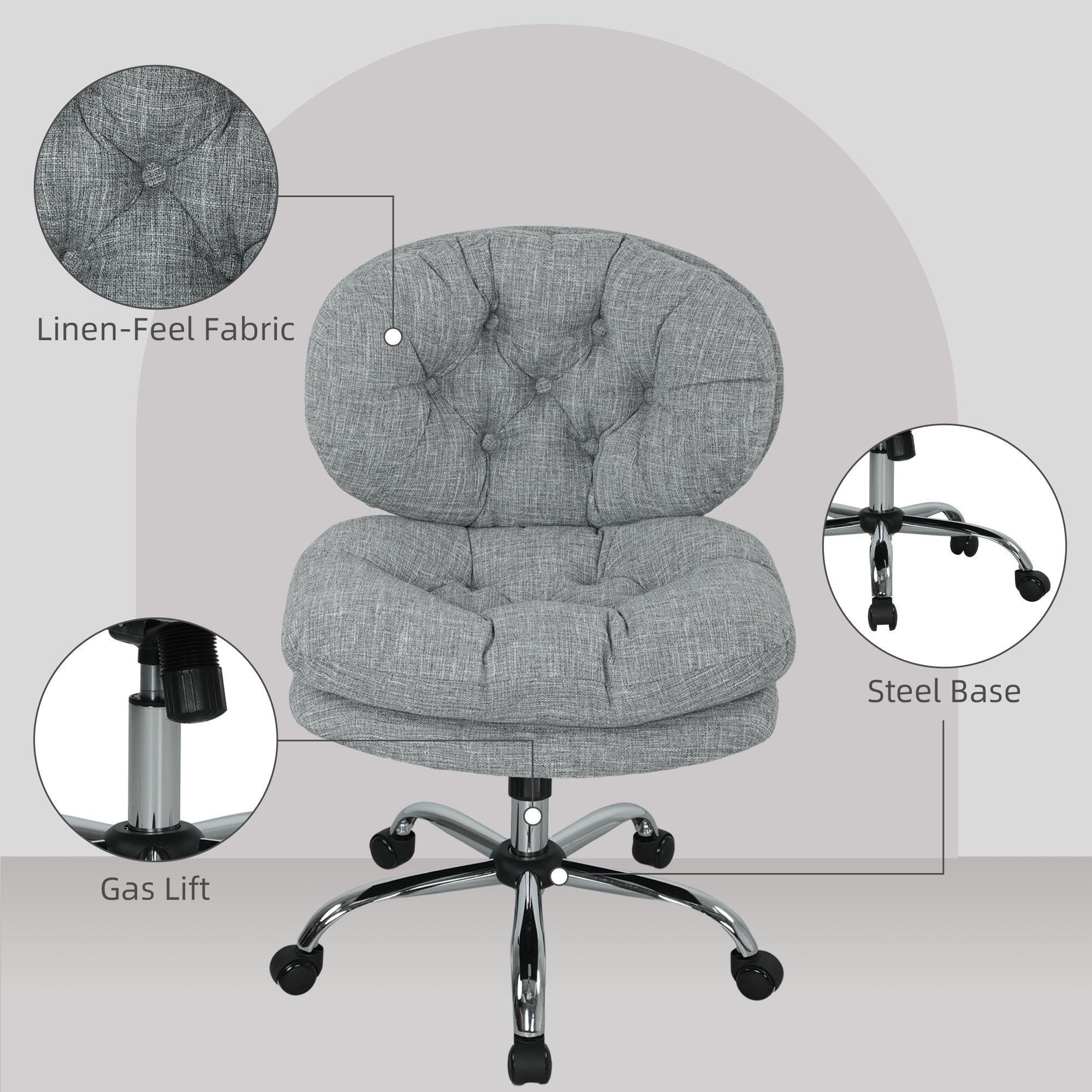 Computer Desk Chair, Armless Office Chair with Wide Padded Seat and Adjustable Height, Tilt Function, Grey-Office Products > Office Furniture > Office Chairs > Task Chairs-DECOROLALA