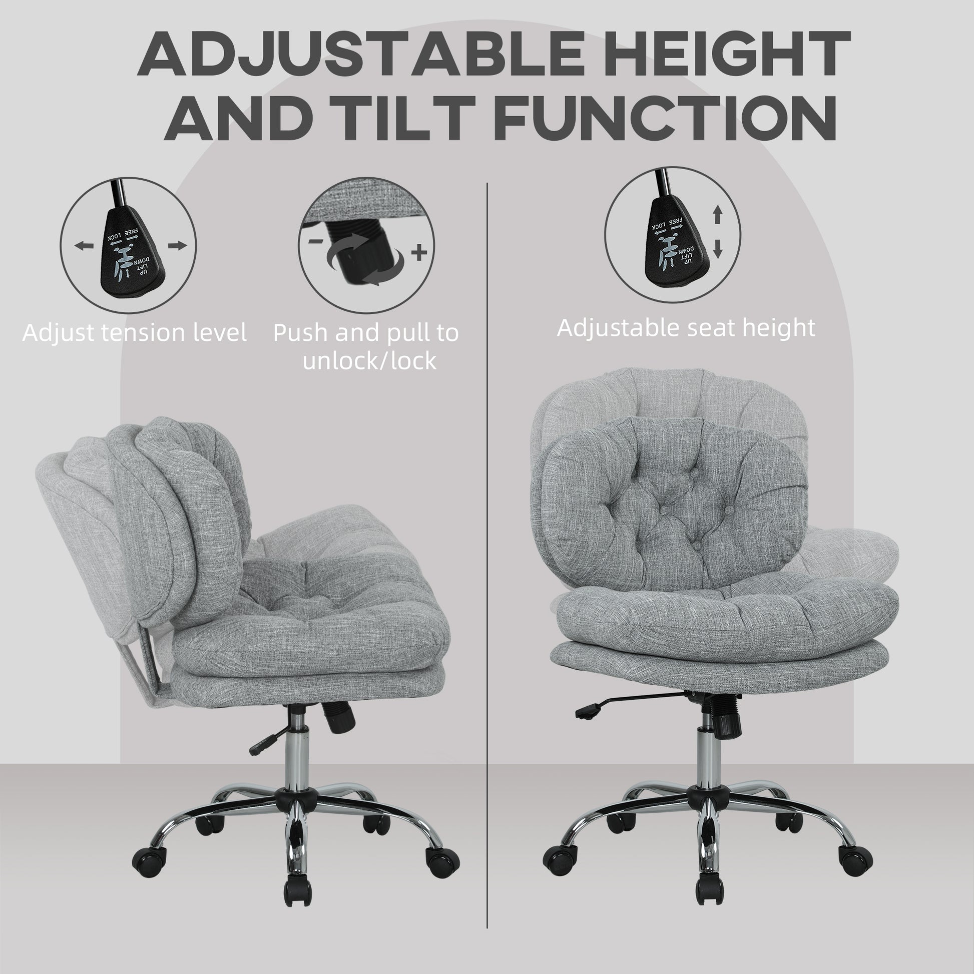 Computer Desk Chair, Armless Office Chair with Wide Padded Seat and Adjustable Height, Tilt Function, Grey-Office Products > Office Furniture > Office Chairs > Task Chairs-DECOROLALA