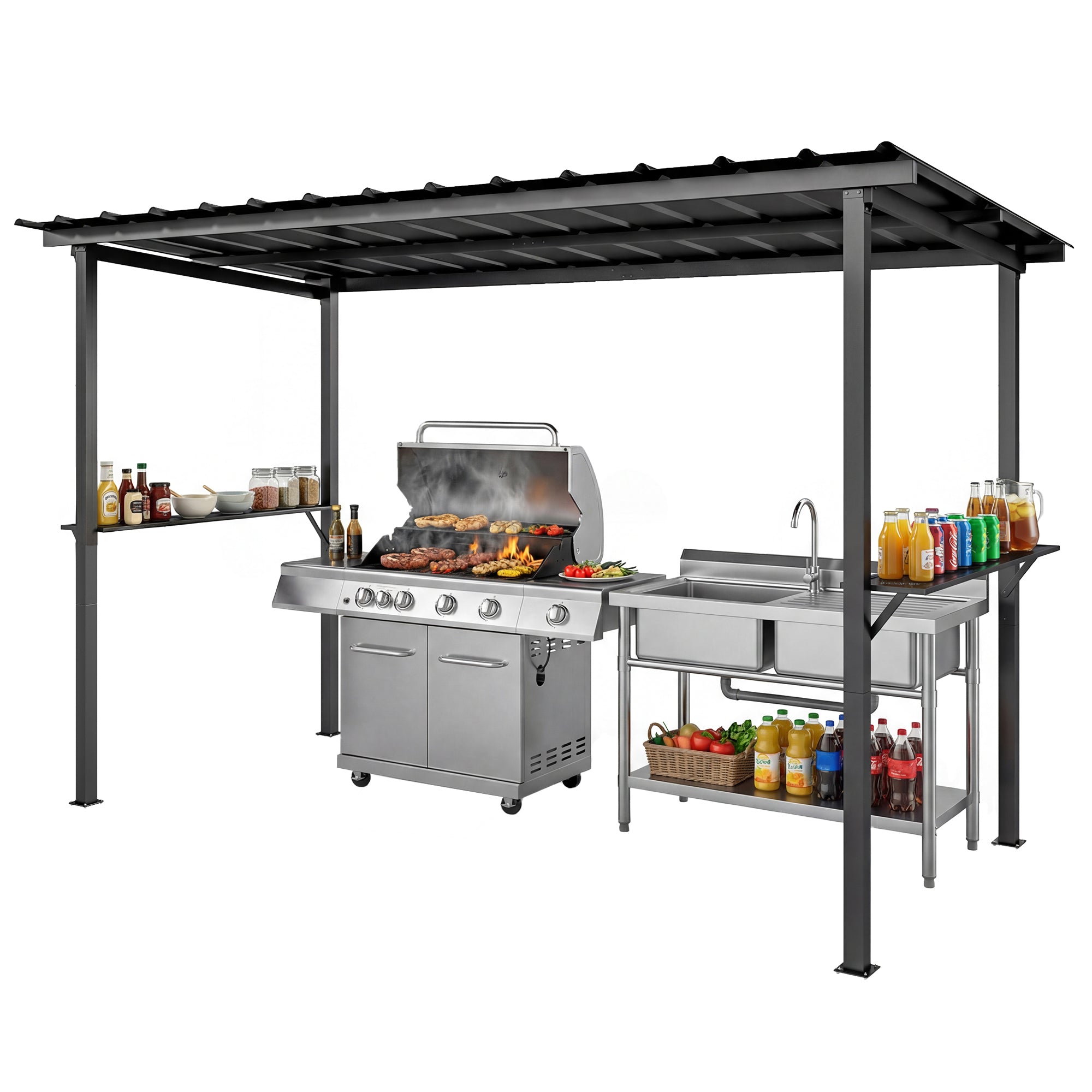 Aosom BBQ Gazebo 12'x6' Hardtop Black - 2 Shelves-DECOROLALA
