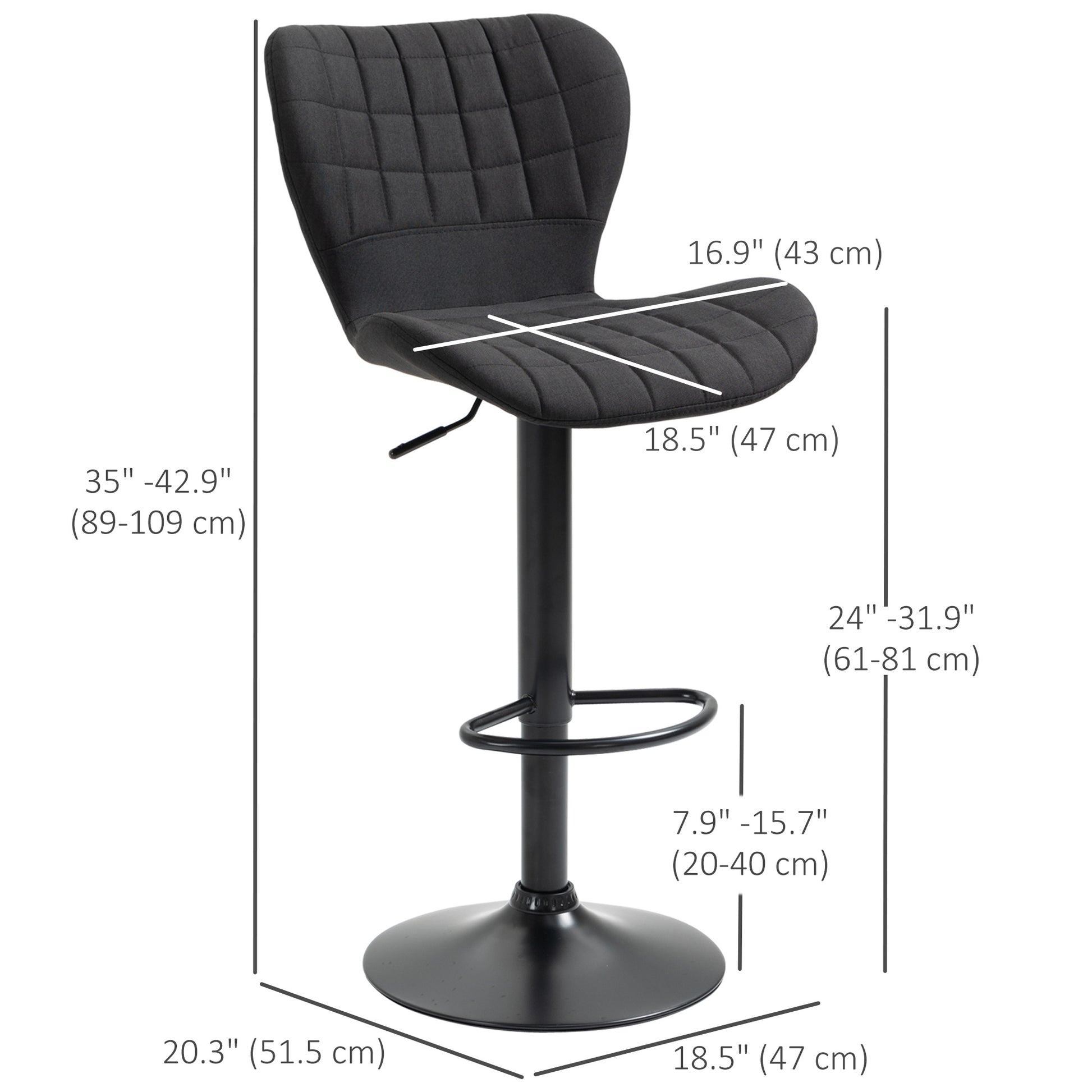 Aosom Bar Stools Set of 2 - Black Linen Adjustable Swivel Chairs-Home Furnishings > Kitchen & Dining Furniture > Bar Stools-DECOROLALA