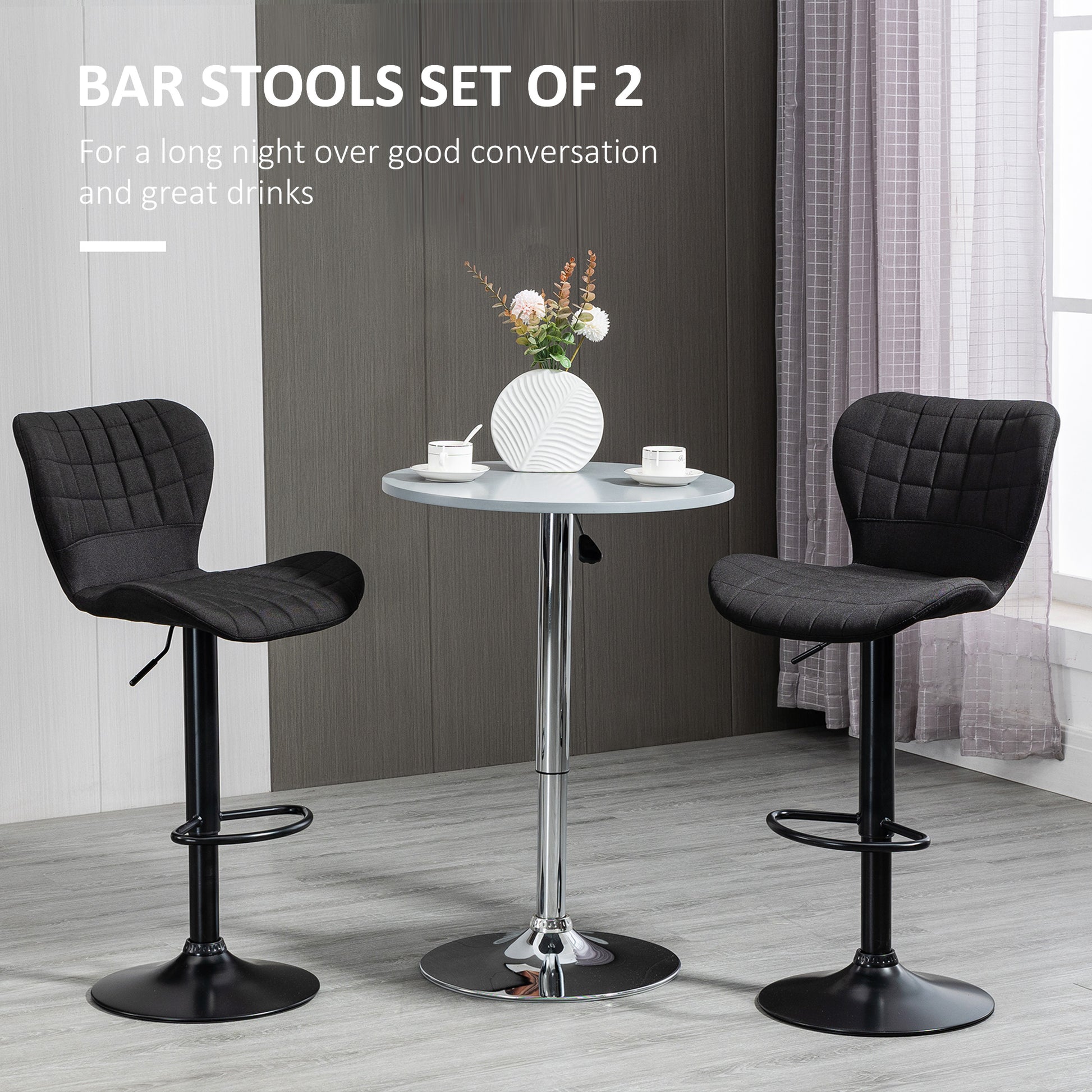 Aosom Bar Stools Set of 2 - Black Linen Adjustable Swivel Chairs-Home Furnishings > Kitchen & Dining Furniture > Bar Stools-DECOROLALA