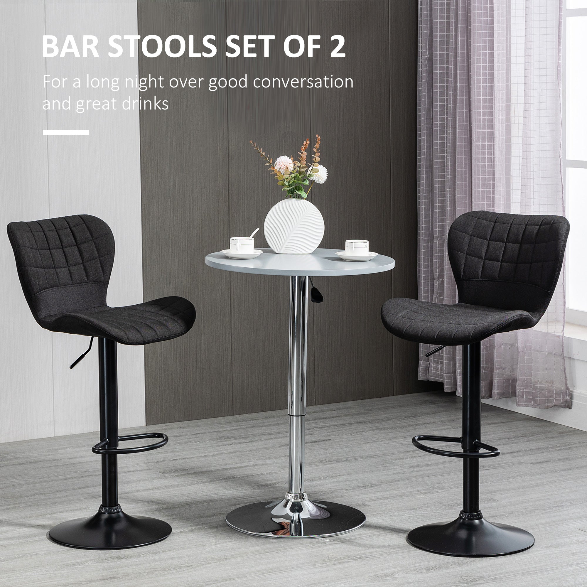 Aosom Bar Stools Set of 2 - Black Linen Adjustable Swivel Chairs-Home Furnishings > Kitchen & Dining Furniture > Bar Stools-DECOROLALA