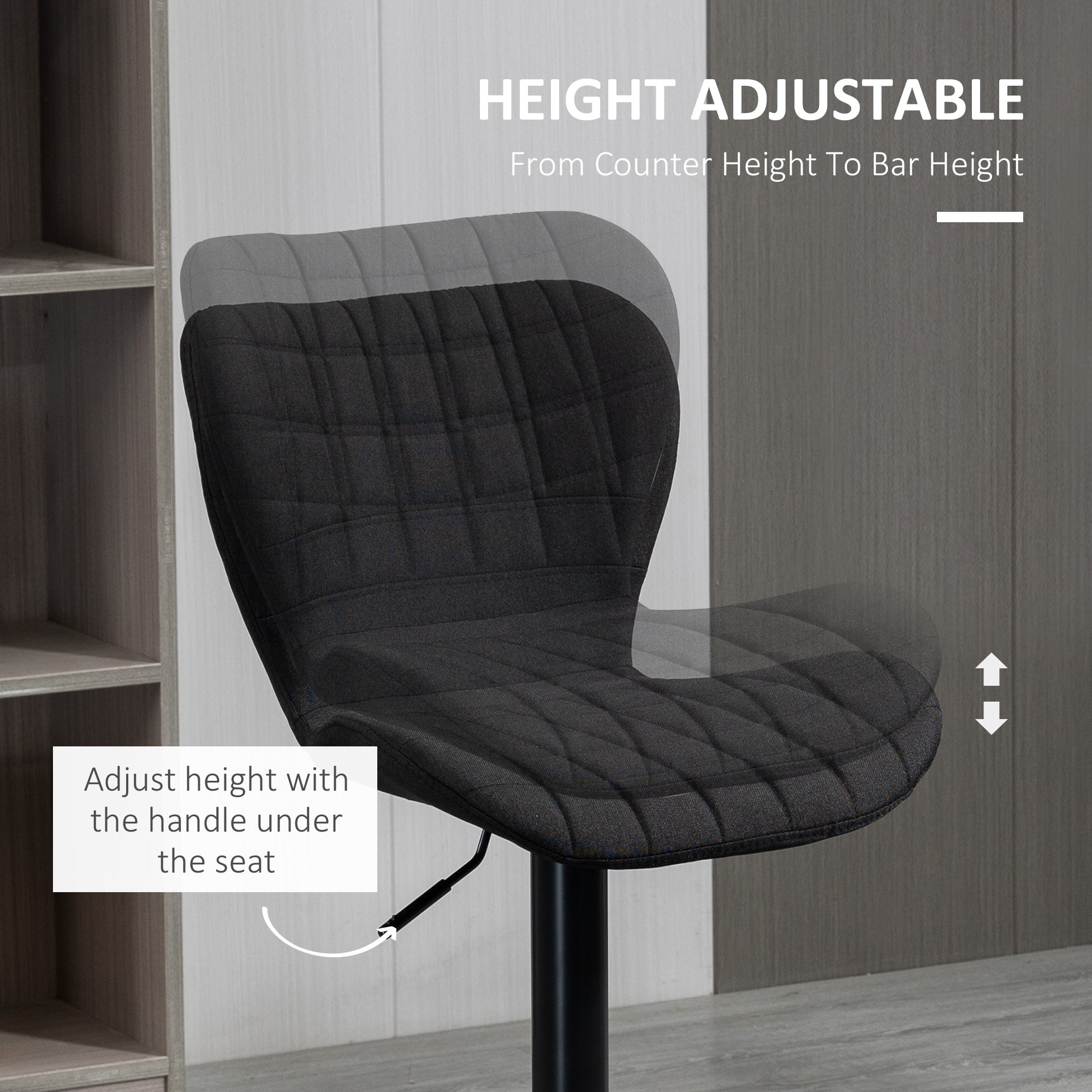 Aosom Bar Stools Set of 2 - Black Linen Adjustable Swivel Chairs-Home Furnishings > Kitchen & Dining Furniture > Bar Stools-DECOROLALA