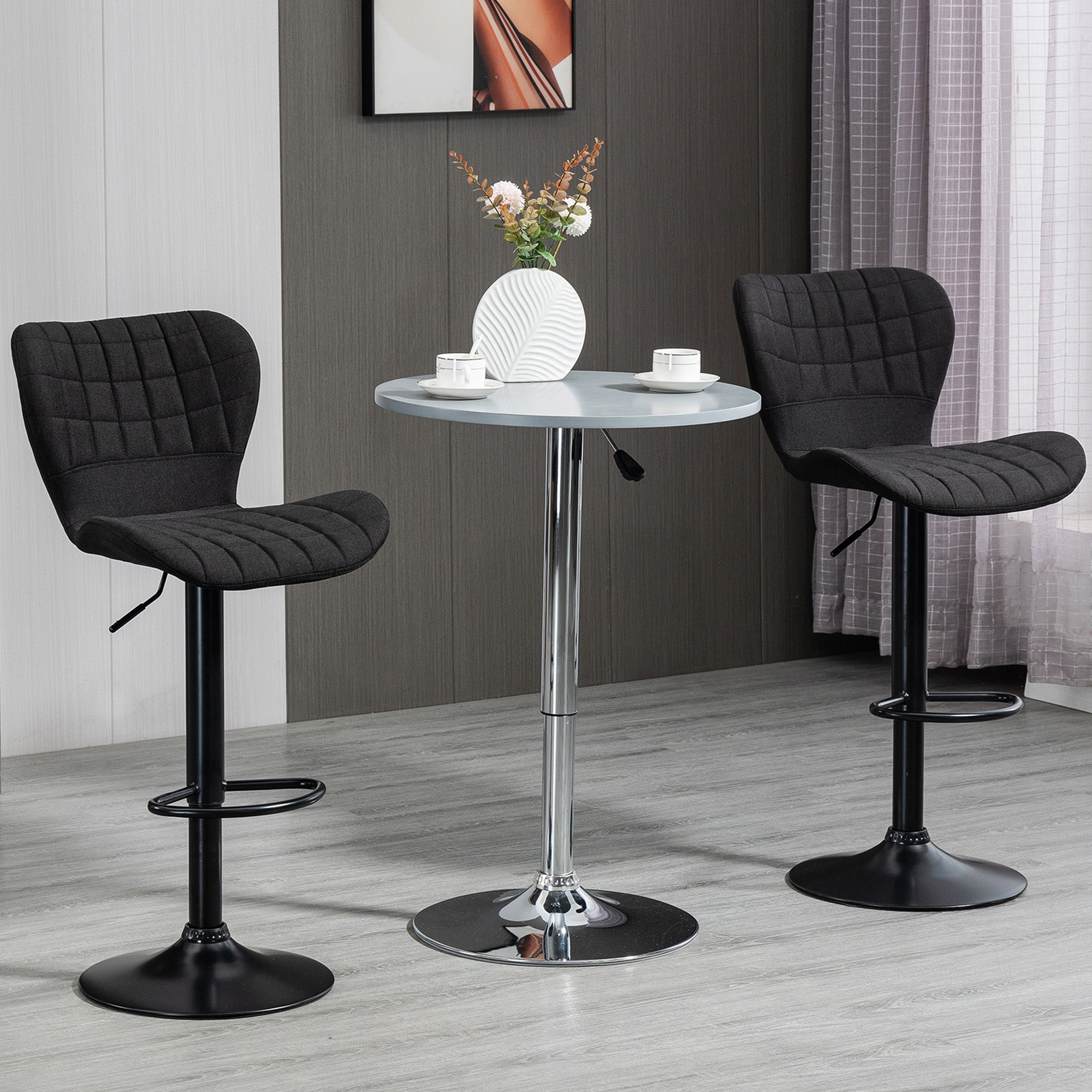 Aosom Bar Stools Set of 2 - Black Linen Adjustable Swivel Chairs-Home Furnishings > Kitchen & Dining Furniture > Bar Stools-DECOROLALA