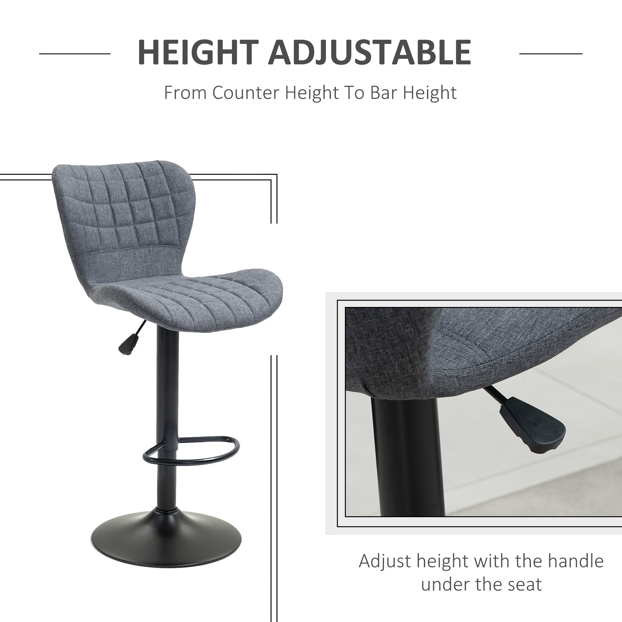 Aosom Bar Stools Set of 2 - Grey Swivel Adjustable Counter Stools-Home Furnishings > Kitchen & Dining Furniture > Bar Stools-DECOROLALA
