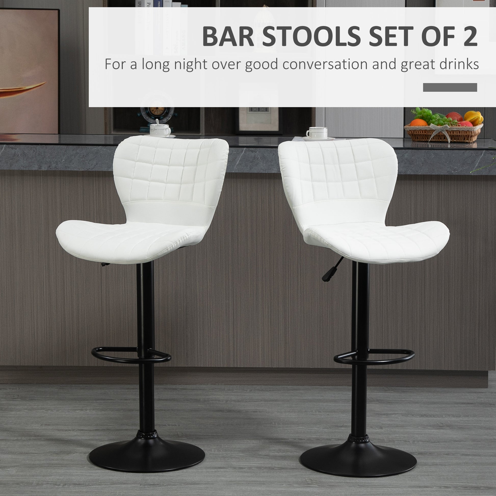 Aosom Bar Stools Set of 2 - White PU Leather Swivel Bar Chairs-Home Furnishings > Kitchen & Dining Furniture > Bar Stools-DECOROLALA