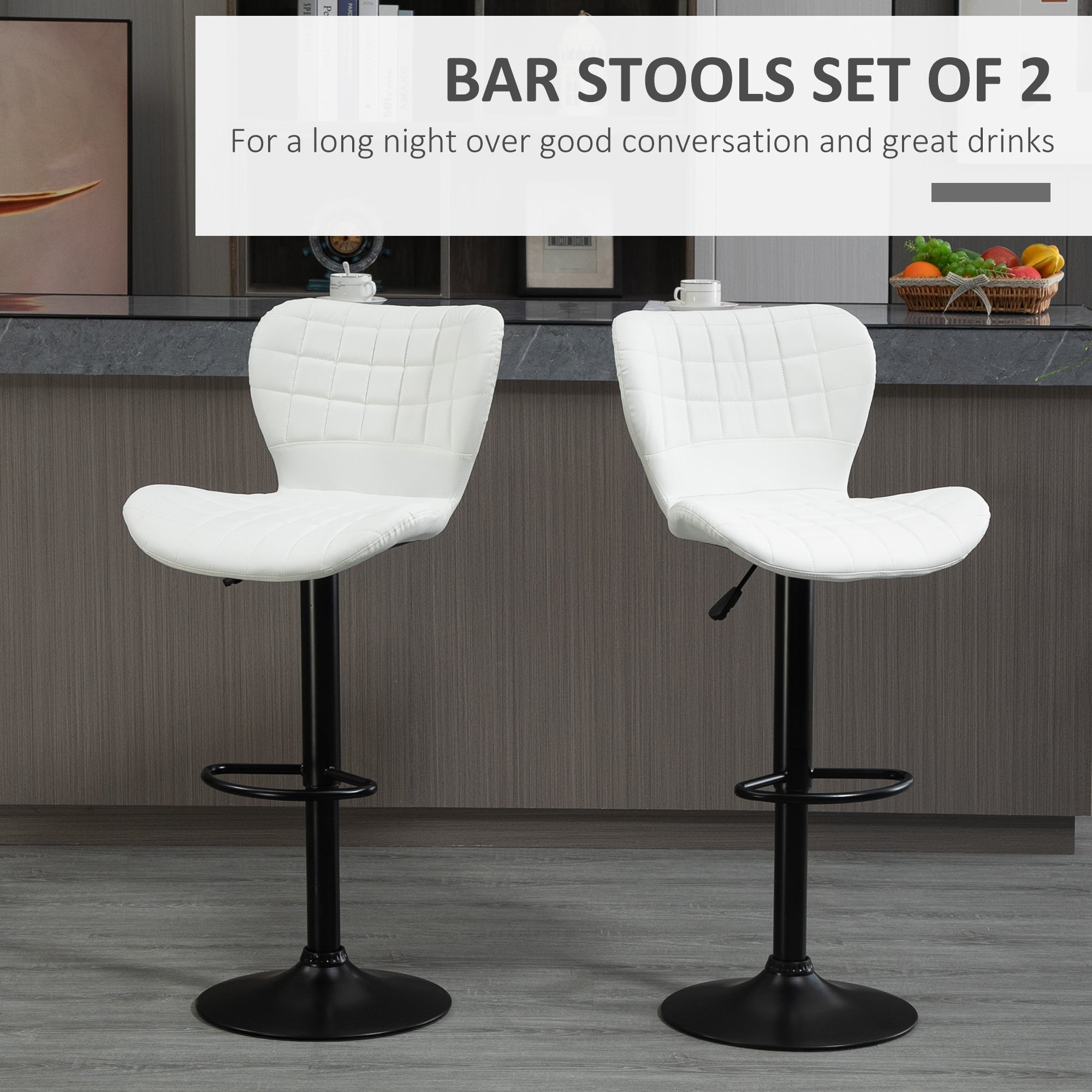 Aosom Bar Stools Set of 2 - White PU Leather Swivel Bar Chairs-Home Furnishings > Kitchen & Dining Furniture > Bar Stools-DECOROLALA