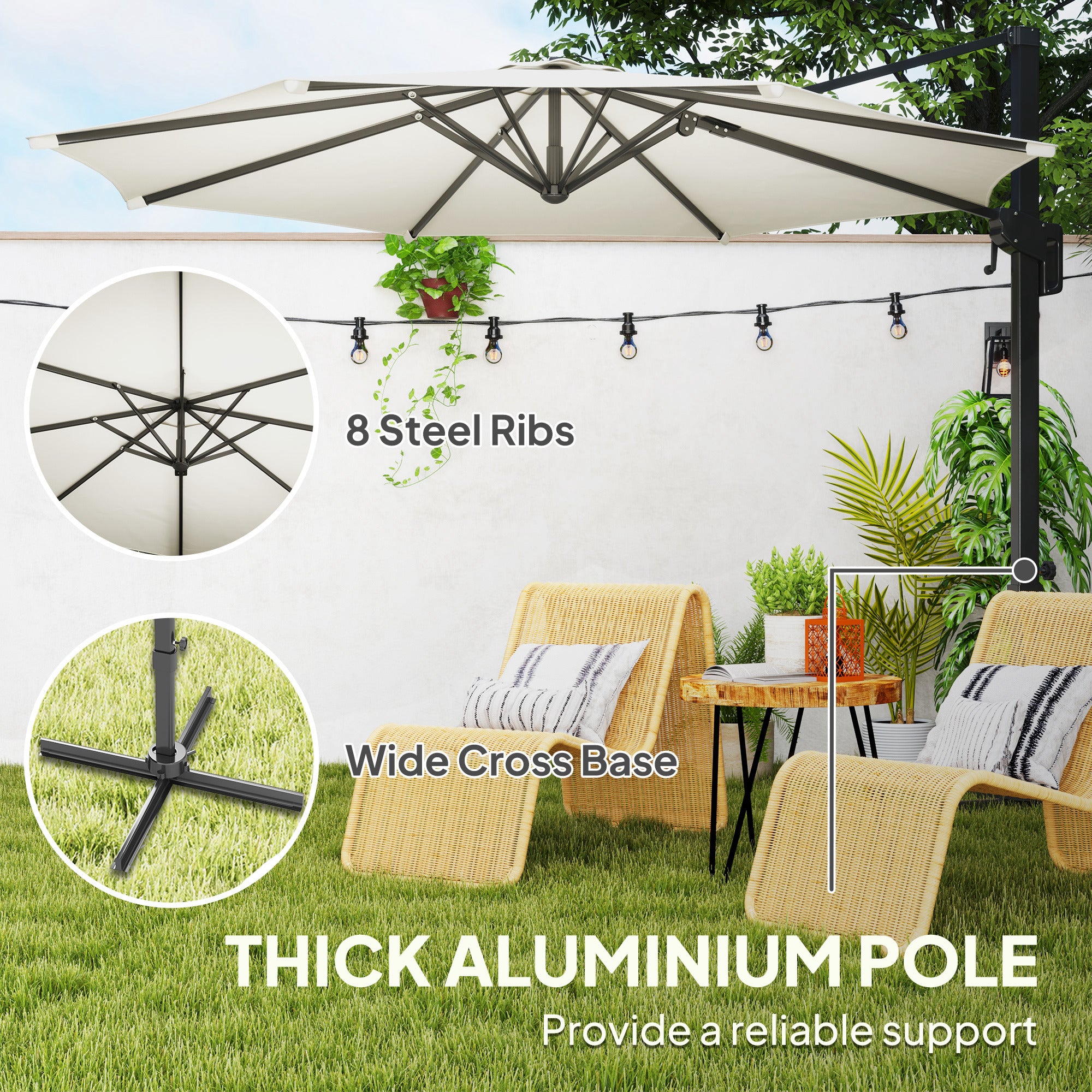 Aosom Cantilever Patio Umbrella 10' White 360° Rotation-DECOROLALA