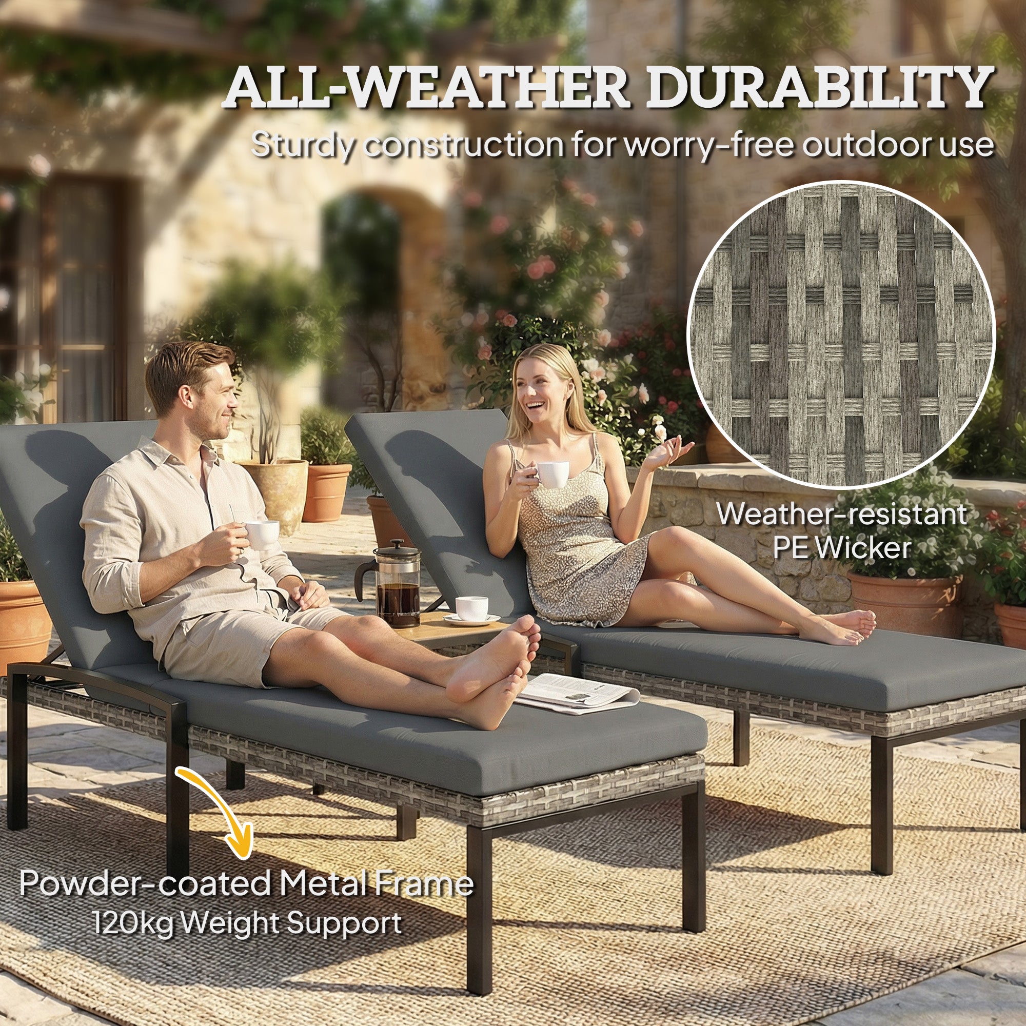 Aosom Chaise Lounge Chairs Set of 2 - Grey Wicker-DECOROLALA