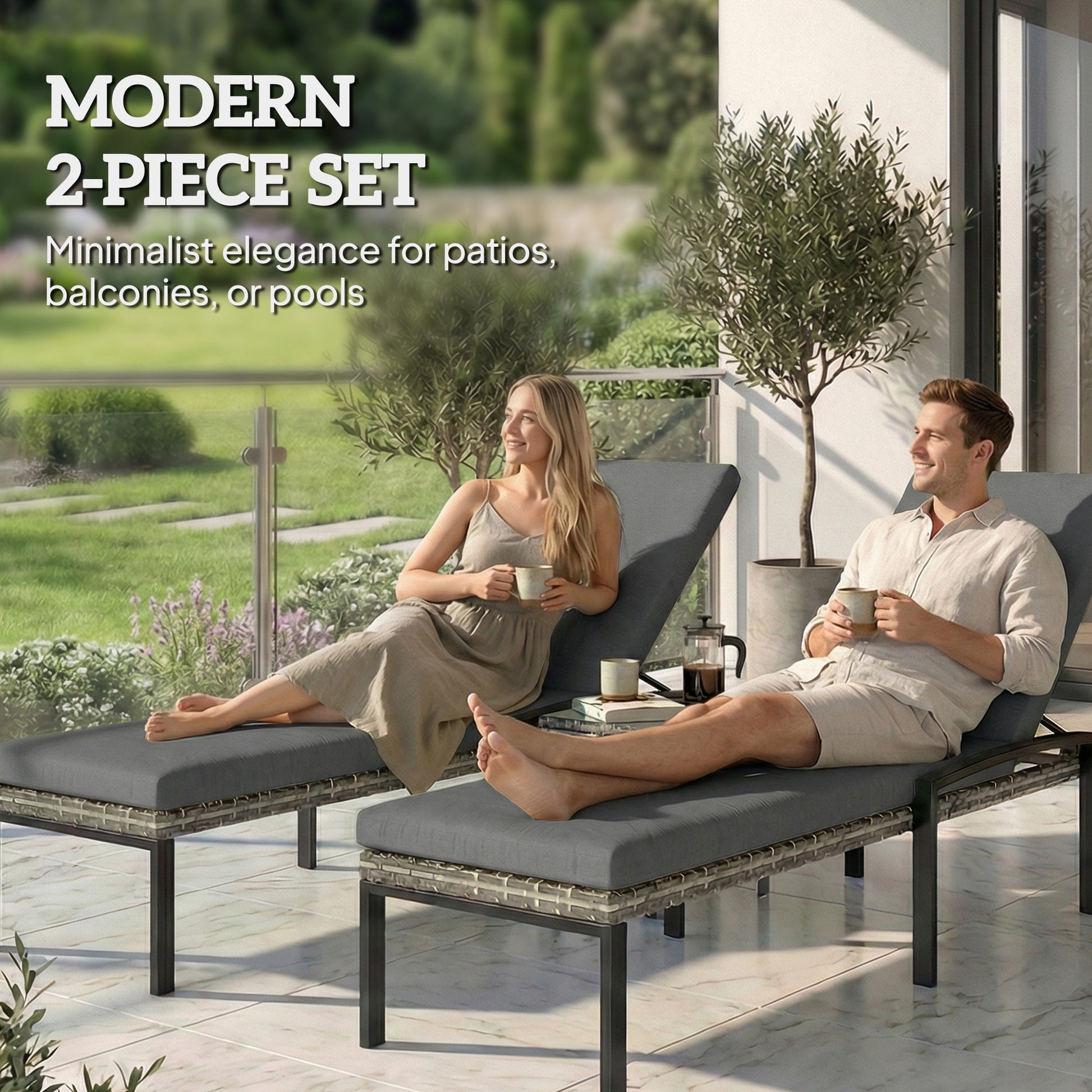 Aosom Chaise Lounge Chairs Set of 2 - Grey Wicker-DECOROLALA