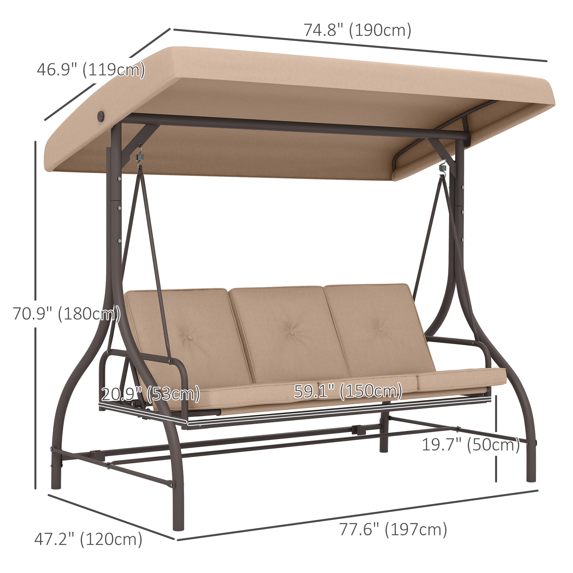 Aosom Convertible Patio Swing Bed - Khaki 3-Seater-DECOROLALA