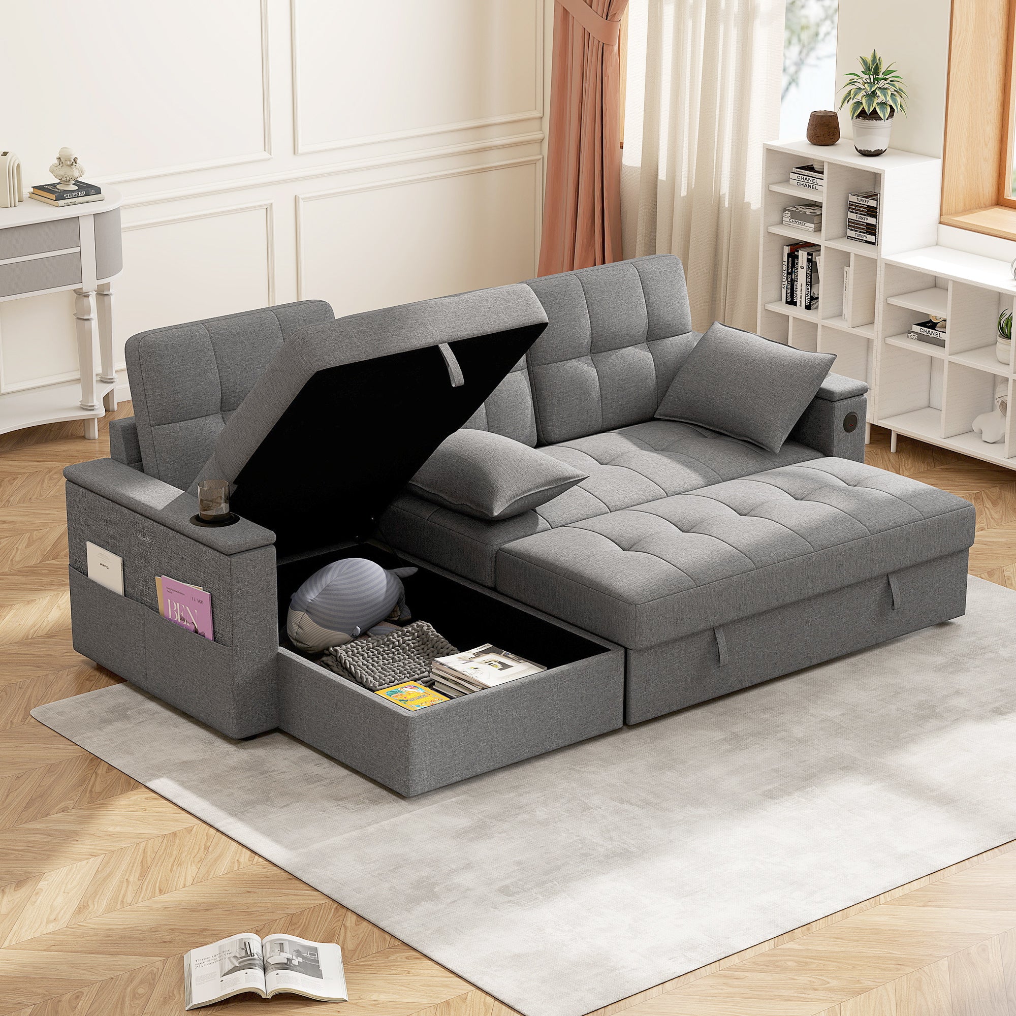 Aosom Convertible Sectional Sofa Bed - Grey USB-DECOROLALA