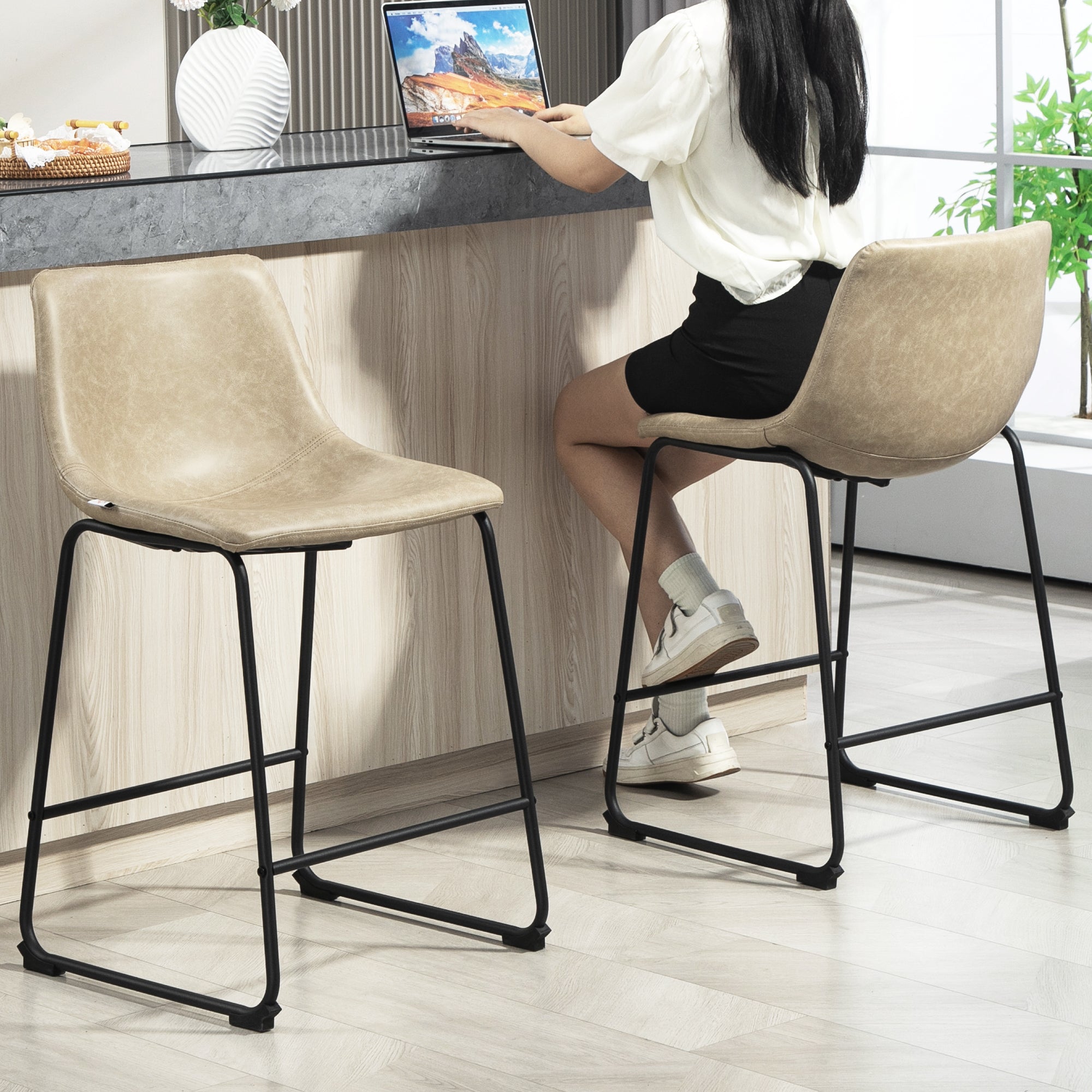 Aosom Counter Height Bar Stools Set of 2 - Beige PU Leather-Home Furnishings > Kitchen & Dining Furniture > Bar Stools-DECOROLALA