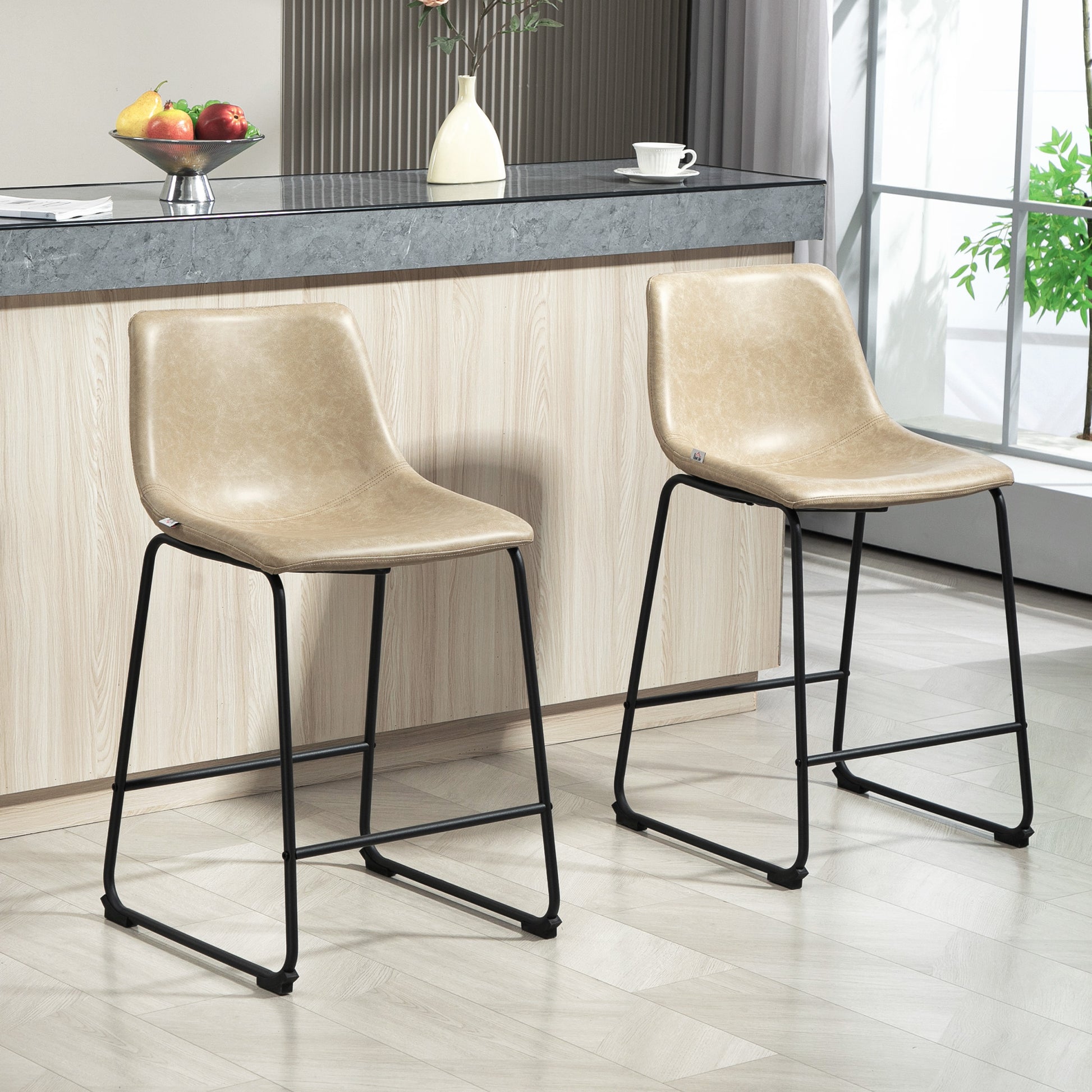 Aosom Counter Height Bar Stools Set of 2 - Beige PU Leather-Home Furnishings > Kitchen & Dining Furniture > Bar Stools-DECOROLALA