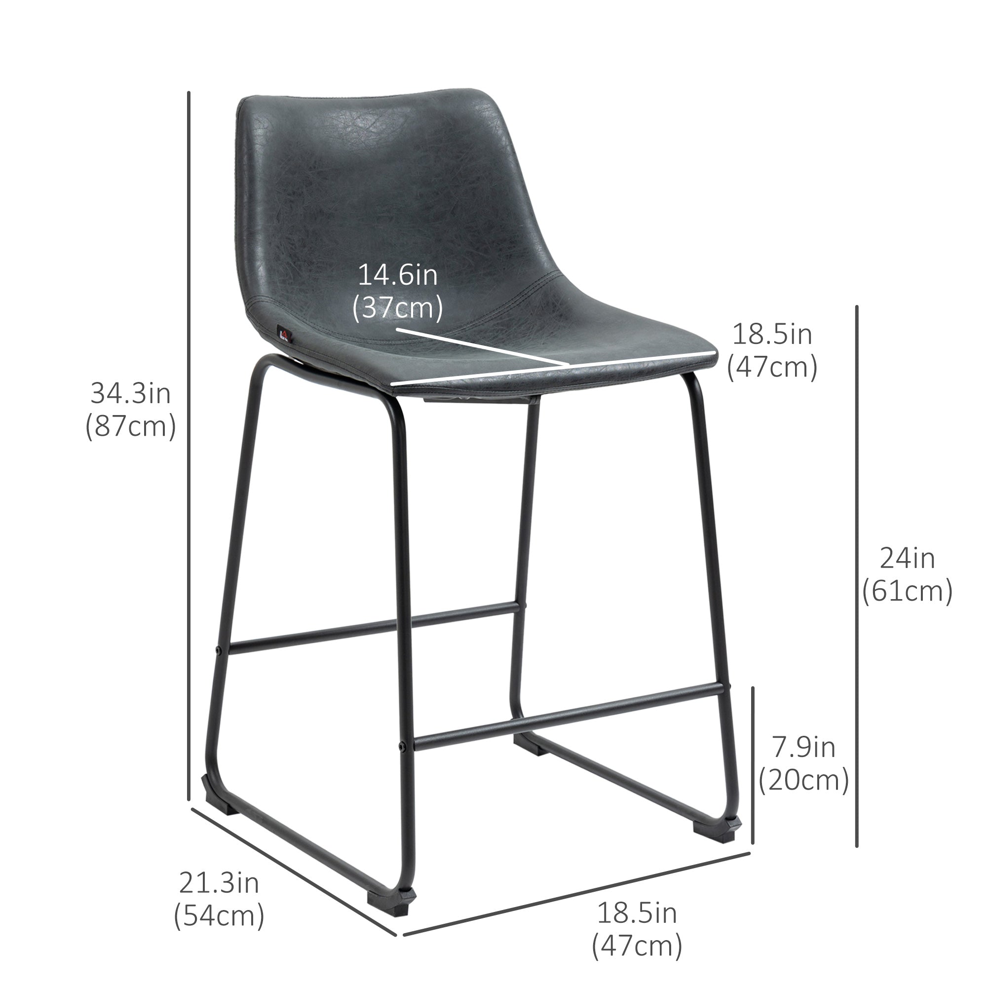 Aosom Counter Height Bar Stools Set of 2 - Black PU Leather-Home Furnishings > Kitchen & Dining Furniture > Bar Stools-DECOROLALA