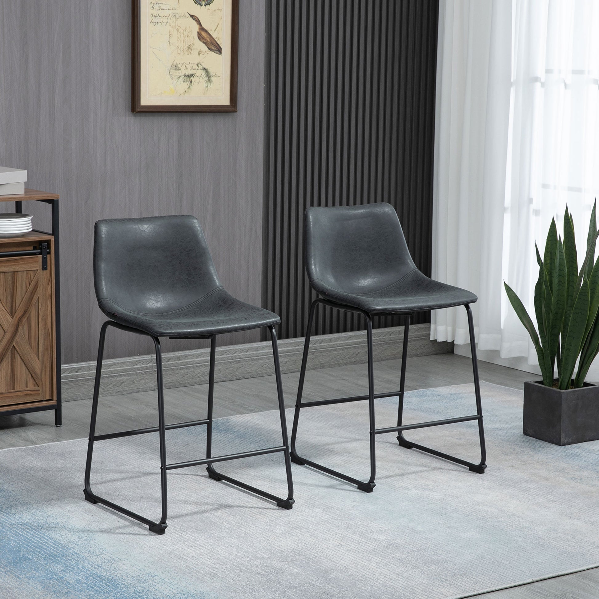 Aosom Counter Height Bar Stools Set of 2 - Black PU Leather-Home Furnishings > Kitchen & Dining Furniture > Bar Stools-DECOROLALA