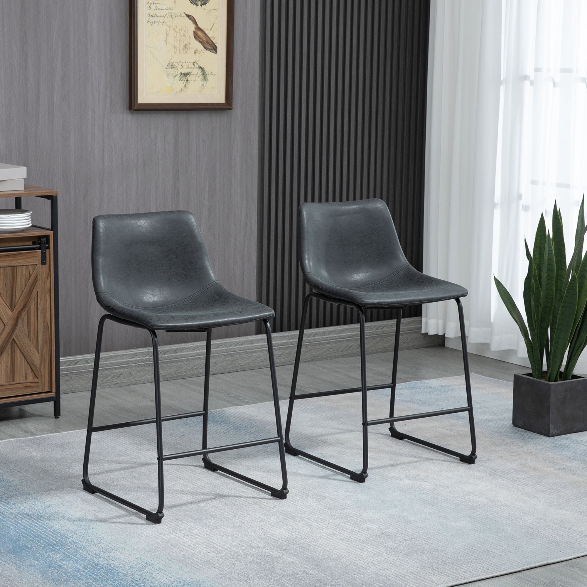 Aosom Counter Height Bar Stools Set of 2 - Black PU Leather-Home Furnishings > Kitchen & Dining Furniture > Bar Stools-DECOROLALA