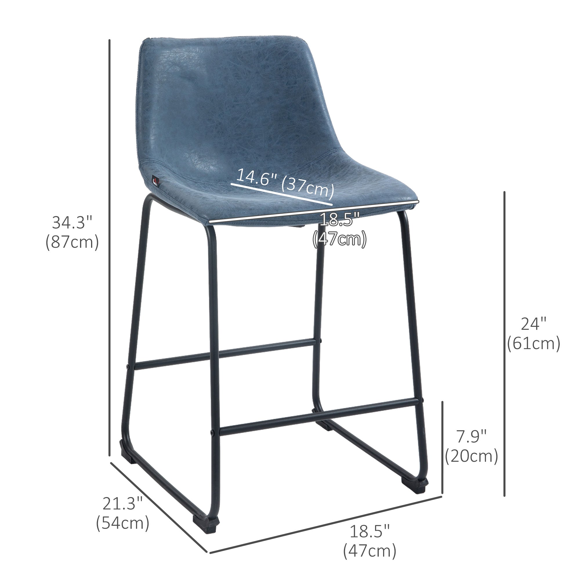 Aosom Counter Height Bar Stools Set of 2 - Blue PU Leather-Home Furnishings > Kitchen & Dining Furniture > Bar Stools-DECOROLALA