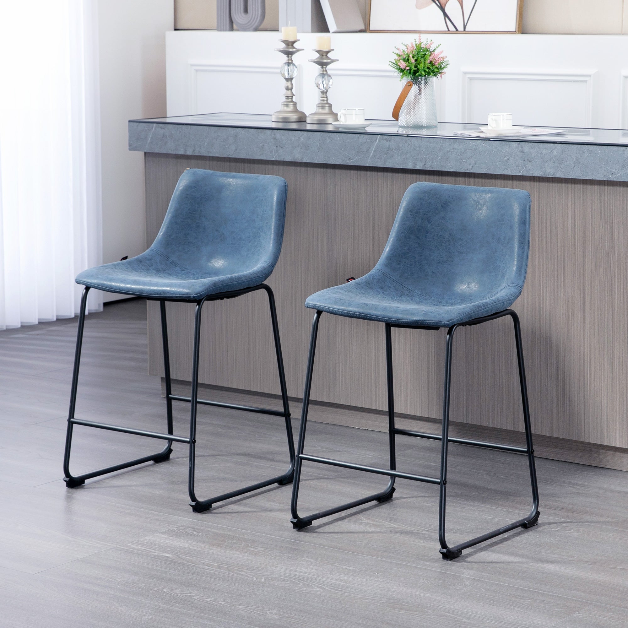 Aosom Counter Height Bar Stools Set of 2 - Blue PU Leather-Home Furnishings > Kitchen & Dining Furniture > Bar Stools-DECOROLALA