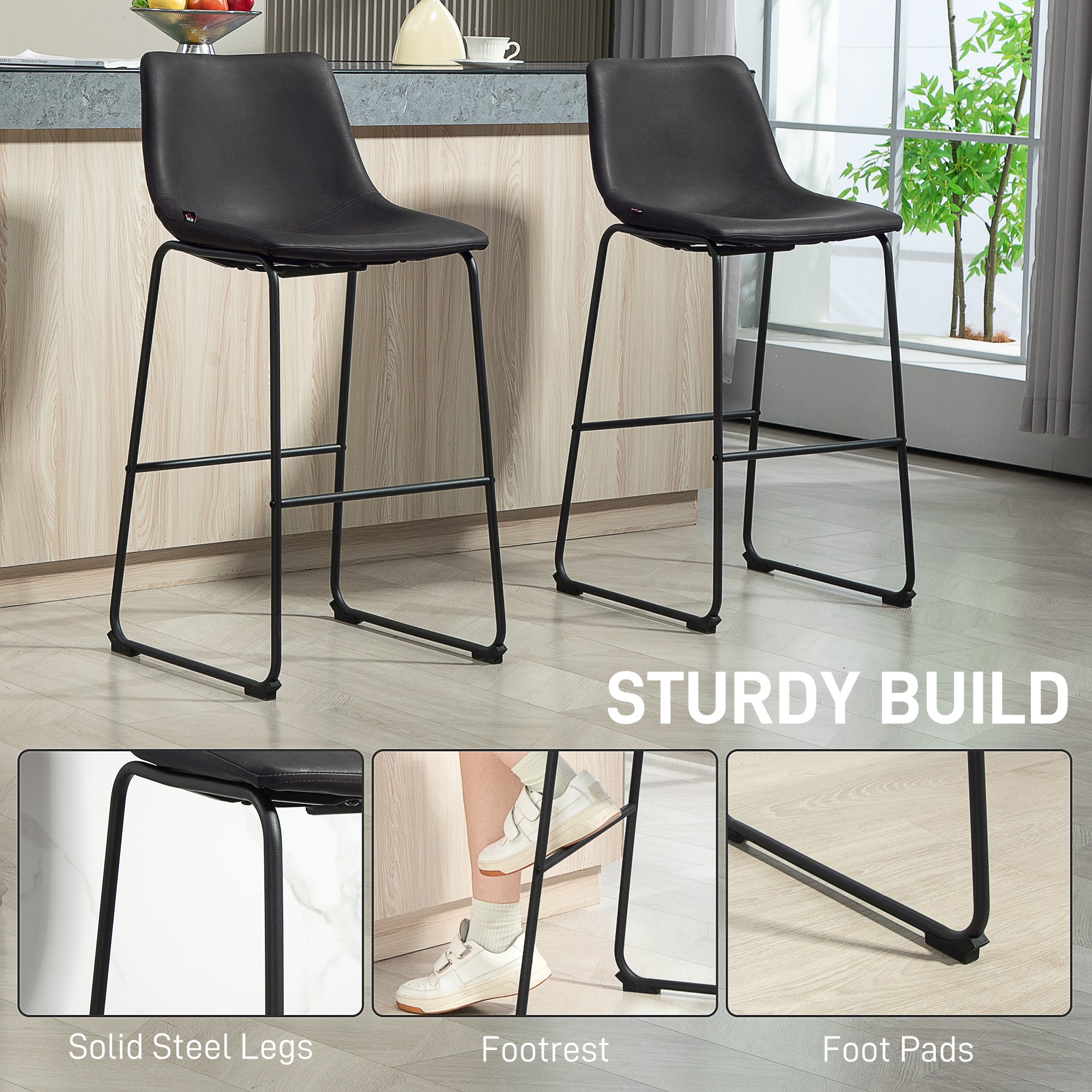 Aosom Counter Height Bar Stools Set of 2 - Dark Brown PU Leather-Home Furnishings > Kitchen & Dining Furniture > Bar Stools-DECOROLALA