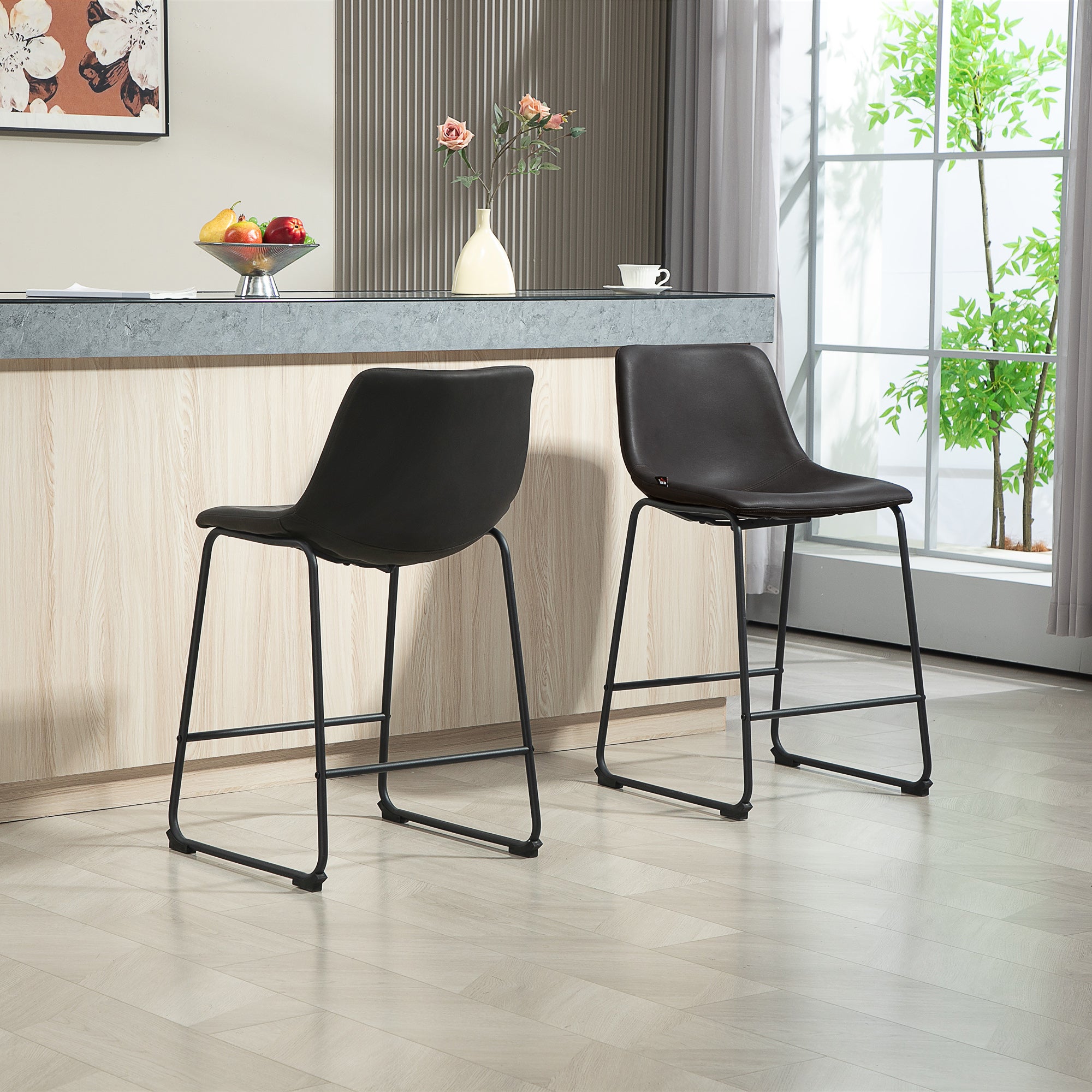Aosom Counter Height Bar Stools Set of 2 - Dark Brown PU Leather-Home Furnishings > Kitchen & Dining Furniture > Bar Stools-DECOROLALA