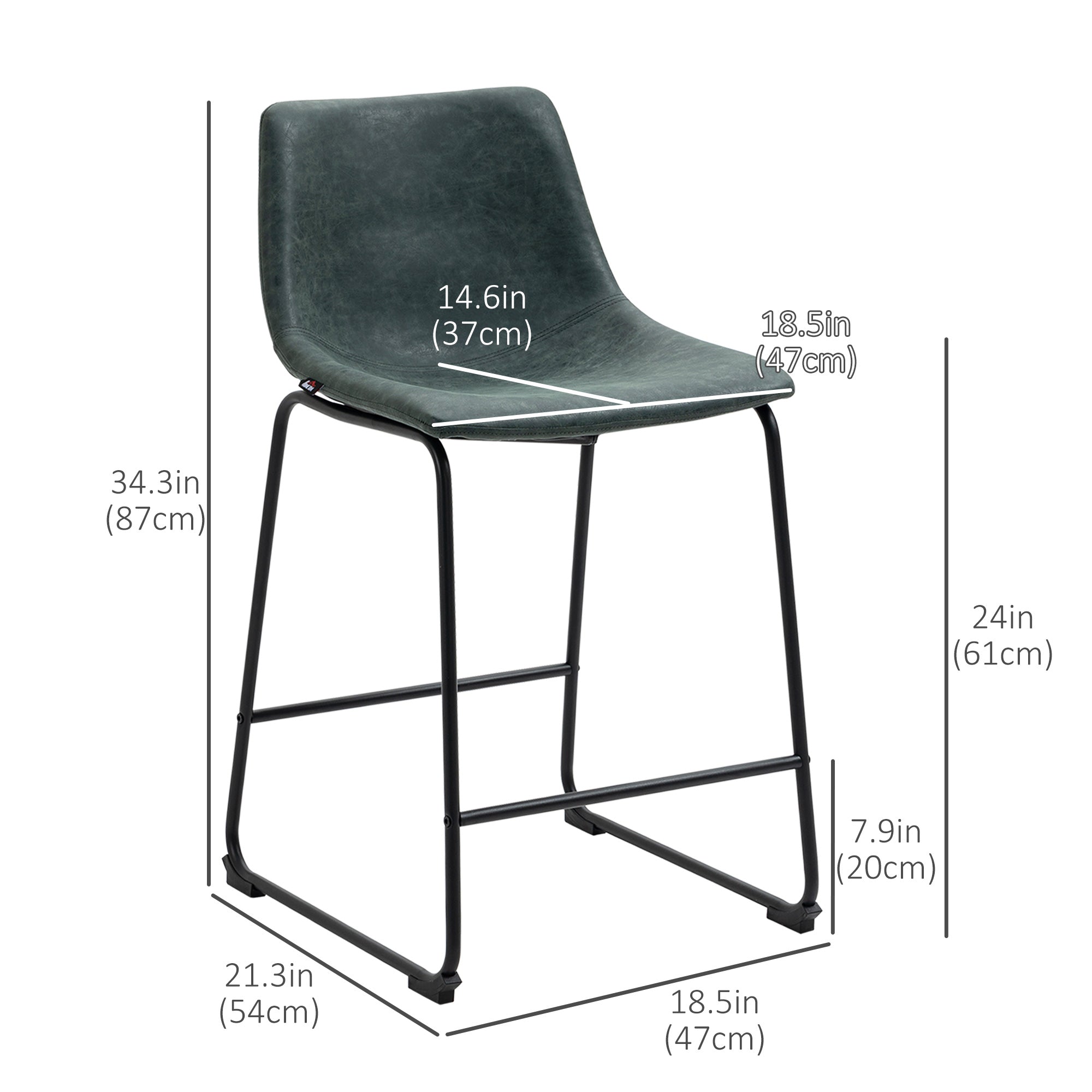 Aosom Counter Height Bar Stools Set of 2 - Dark Green PU Leather-Home Furnishings > Kitchen & Dining Furniture > Bar Stools-DECOROLALA