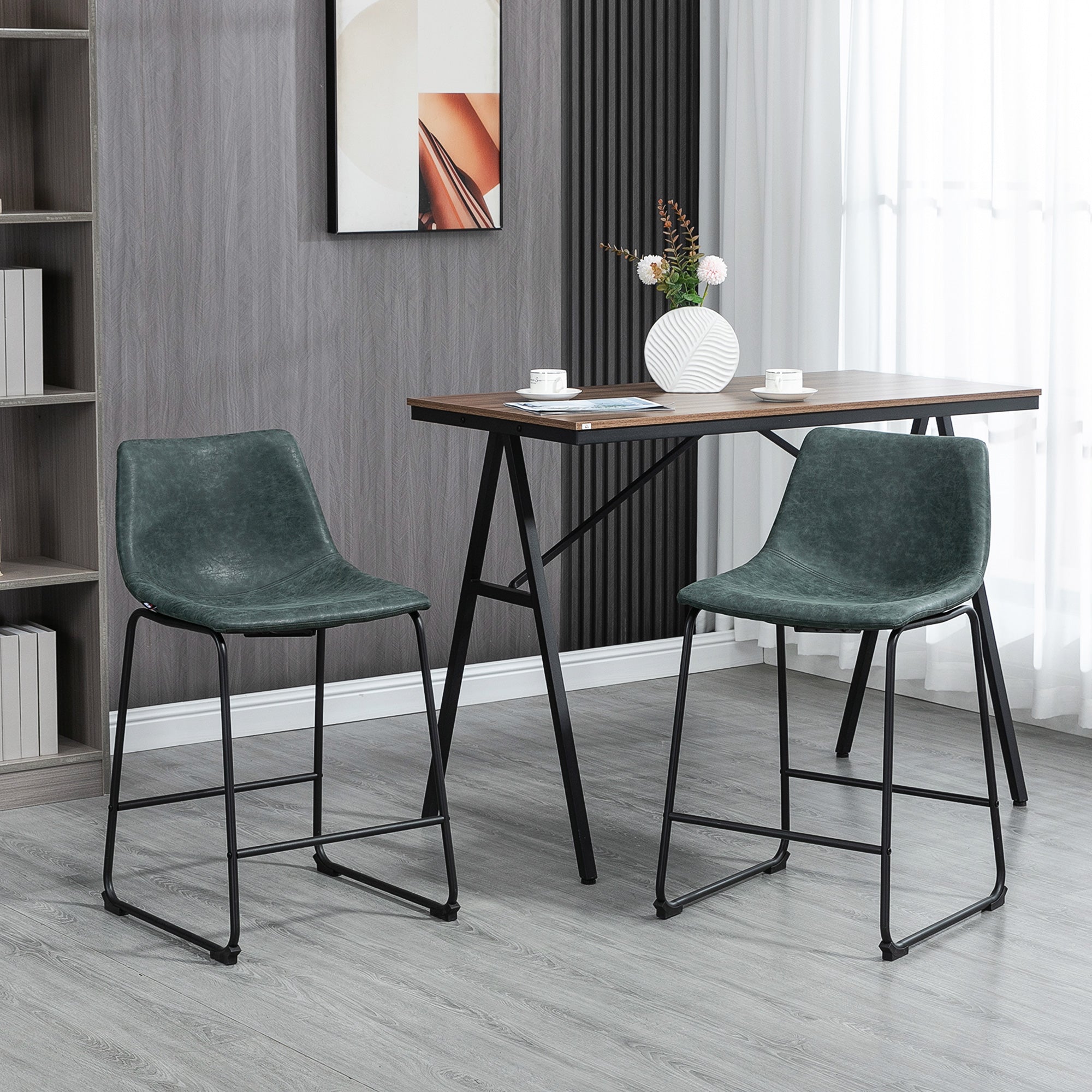 Aosom Counter Height Bar Stools Set of 2 - Dark Green PU Leather-Home Furnishings > Kitchen & Dining Furniture > Bar Stools-DECOROLALA