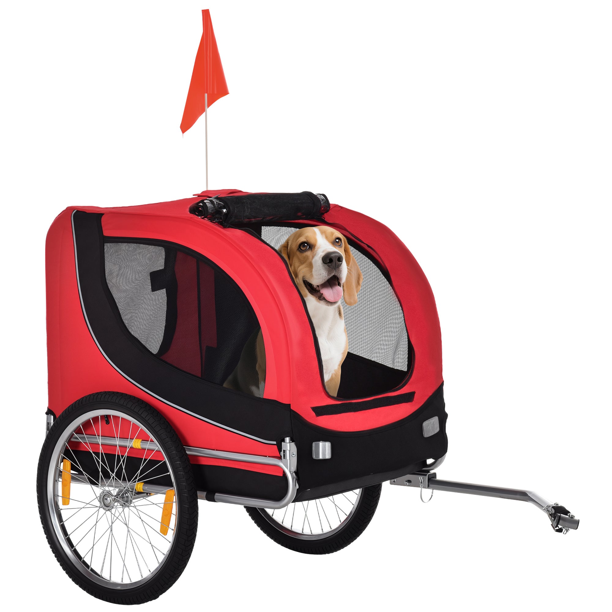 Aosom Dog Bike Trailer, Pet Cart Bicycle, Wagon Cargo Carrier Attachment with Hitch, Reflectors, Flag for Small Medium Dogs, Pet Wheelchair for Travelling, Red-Dogs-DECOROLALA