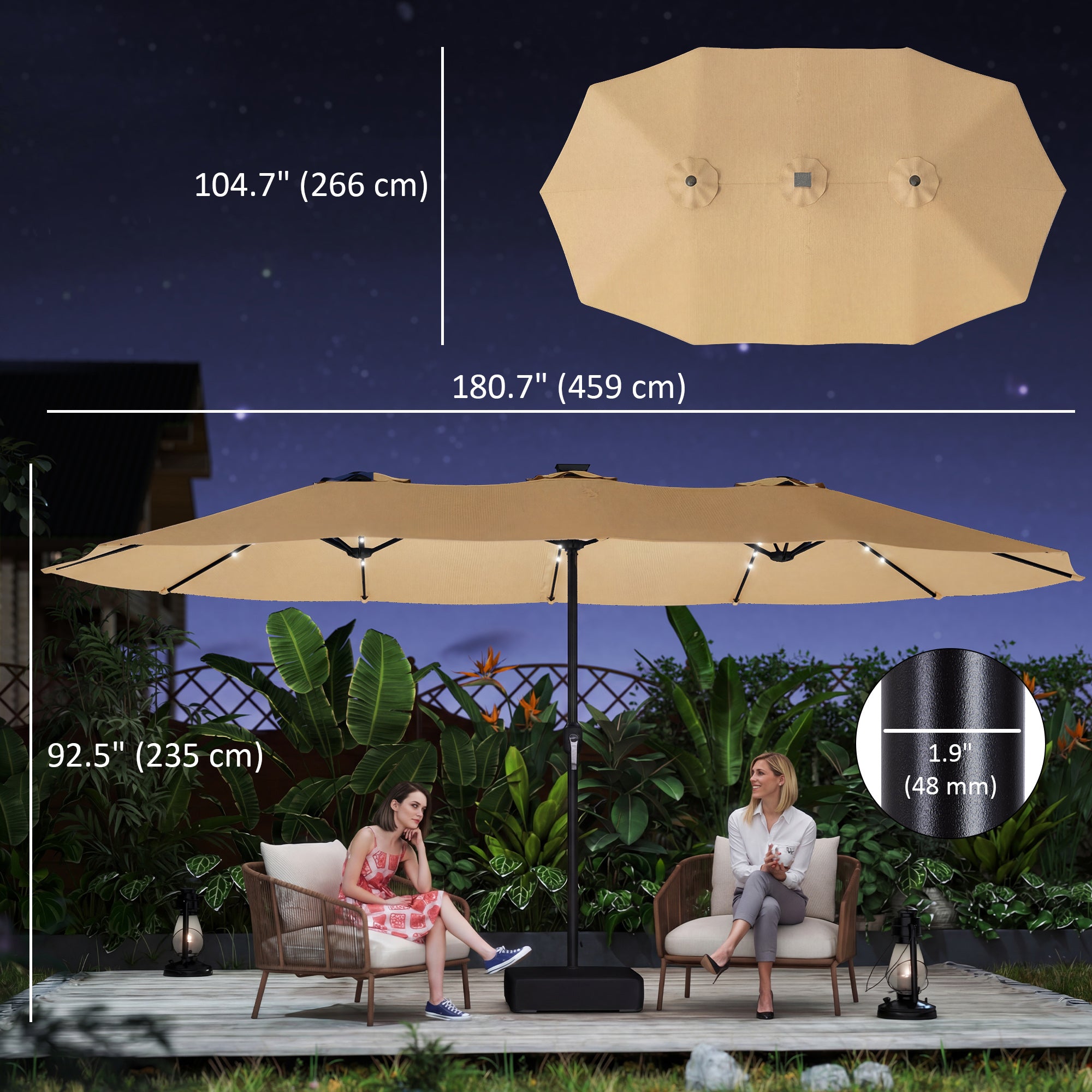 Aosom Double-Sided Patio Umbrella 15ft 48 LED Solar Lights Khaki-DECOROLALA