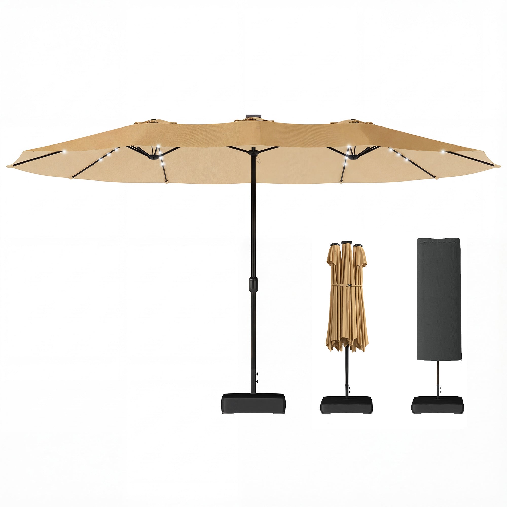 Aosom Double-Sided Patio Umbrella 15ft 48 LED Solar Lights Khaki-DECOROLALA