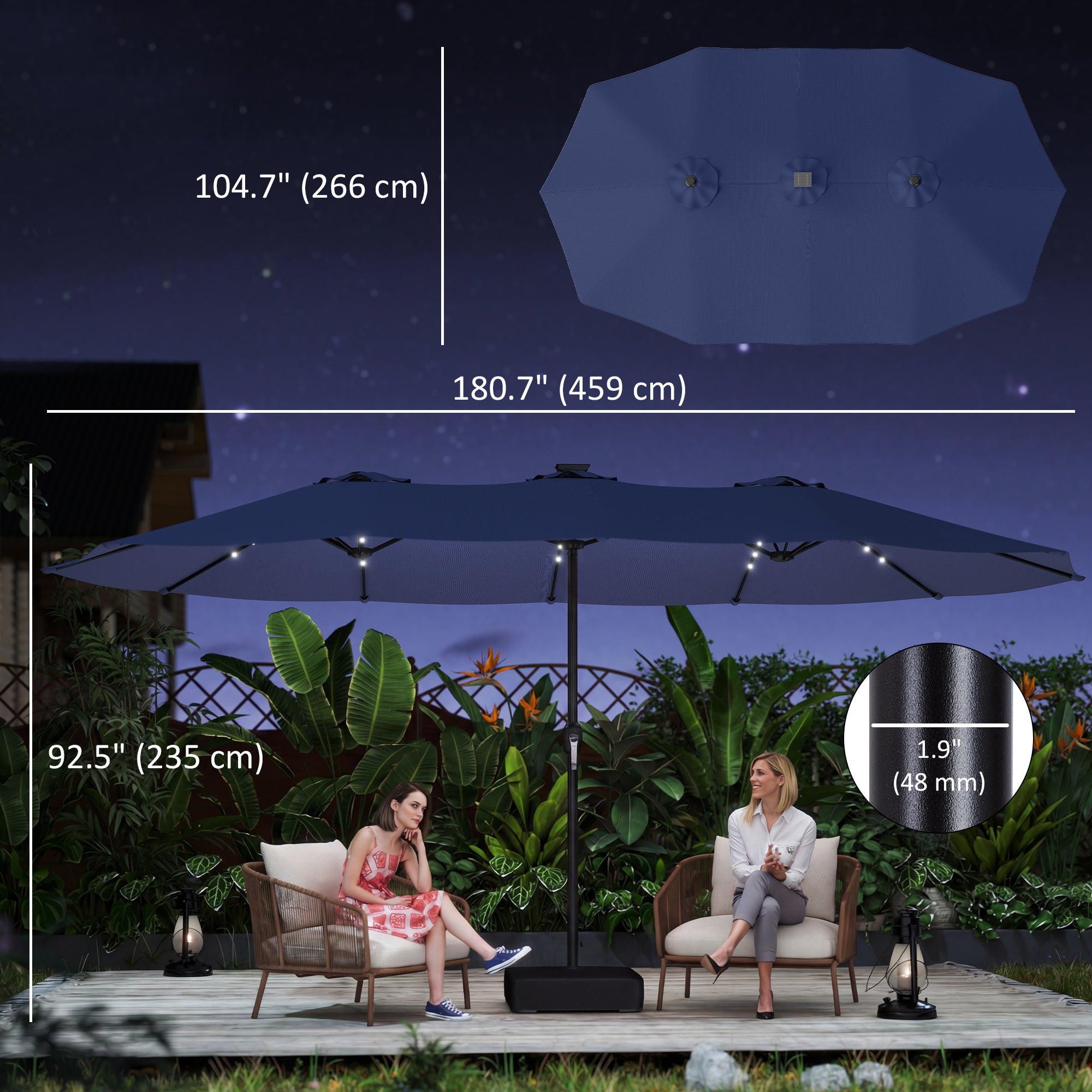 Aosom Double-Sided Patio Umbrella - 48 LED Lights, 15ft Dark Blue-DECOROLALA