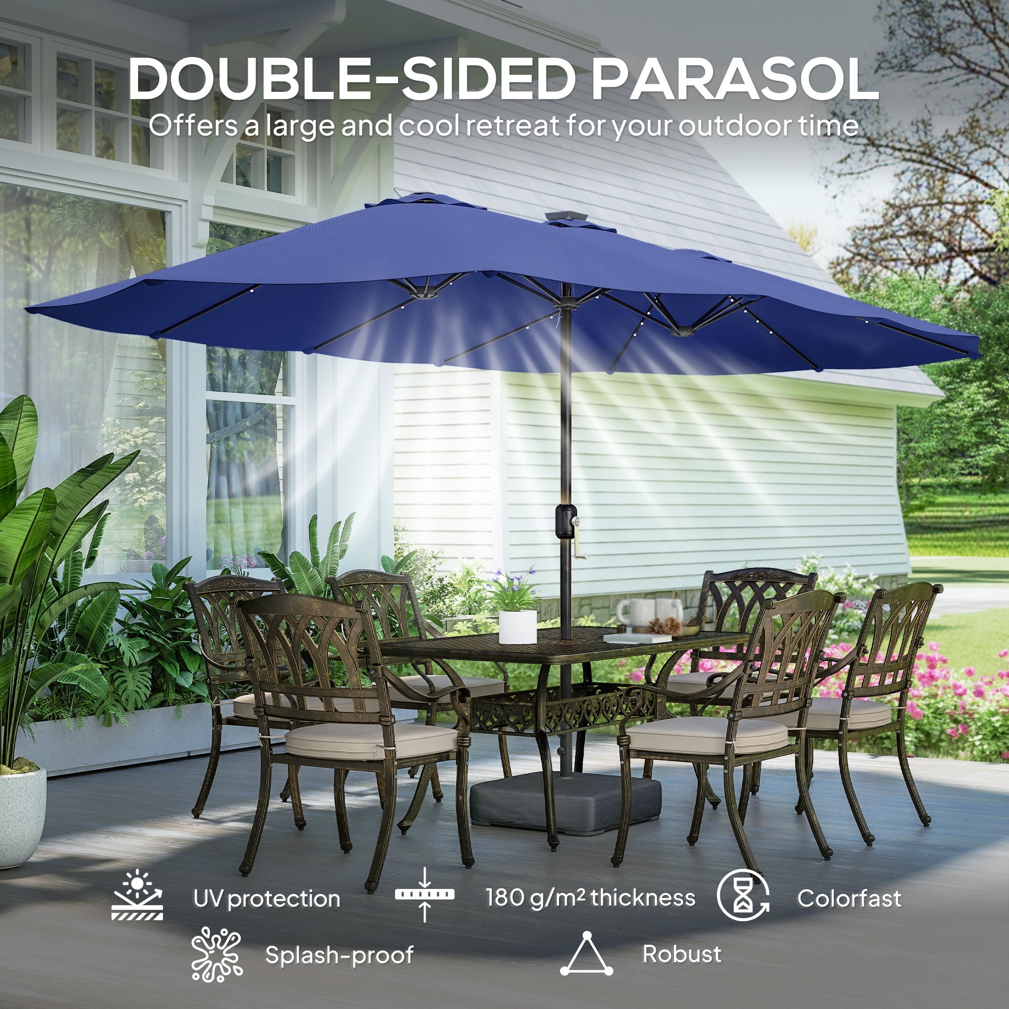 Aosom Double-Sided Patio Umbrella - 48 LED Lights, 15ft Dark Blue-DECOROLALA