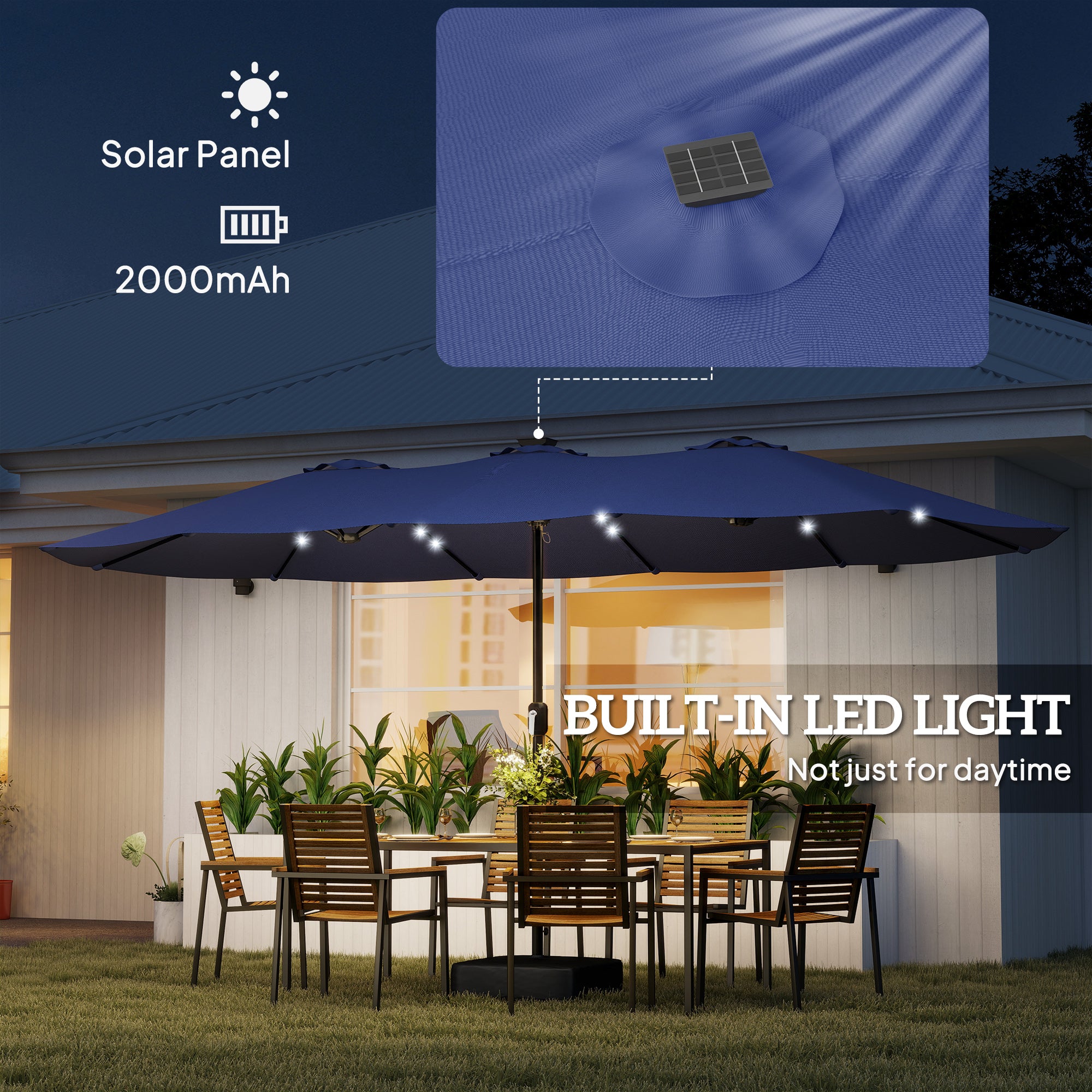 Aosom Double-Sided Patio Umbrella - 48 LED Lights, 15ft Dark Blue-DECOROLALA