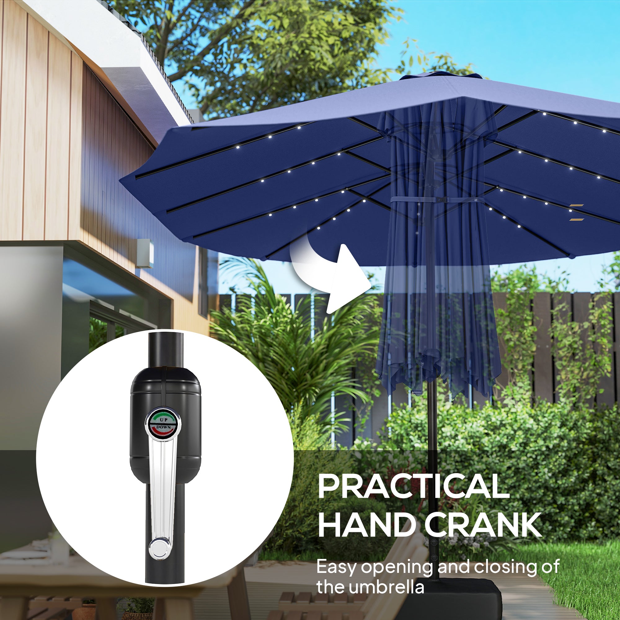 Aosom Double-Sided Patio Umbrella - 48 LED Lights, 15ft Dark Blue-DECOROLALA
