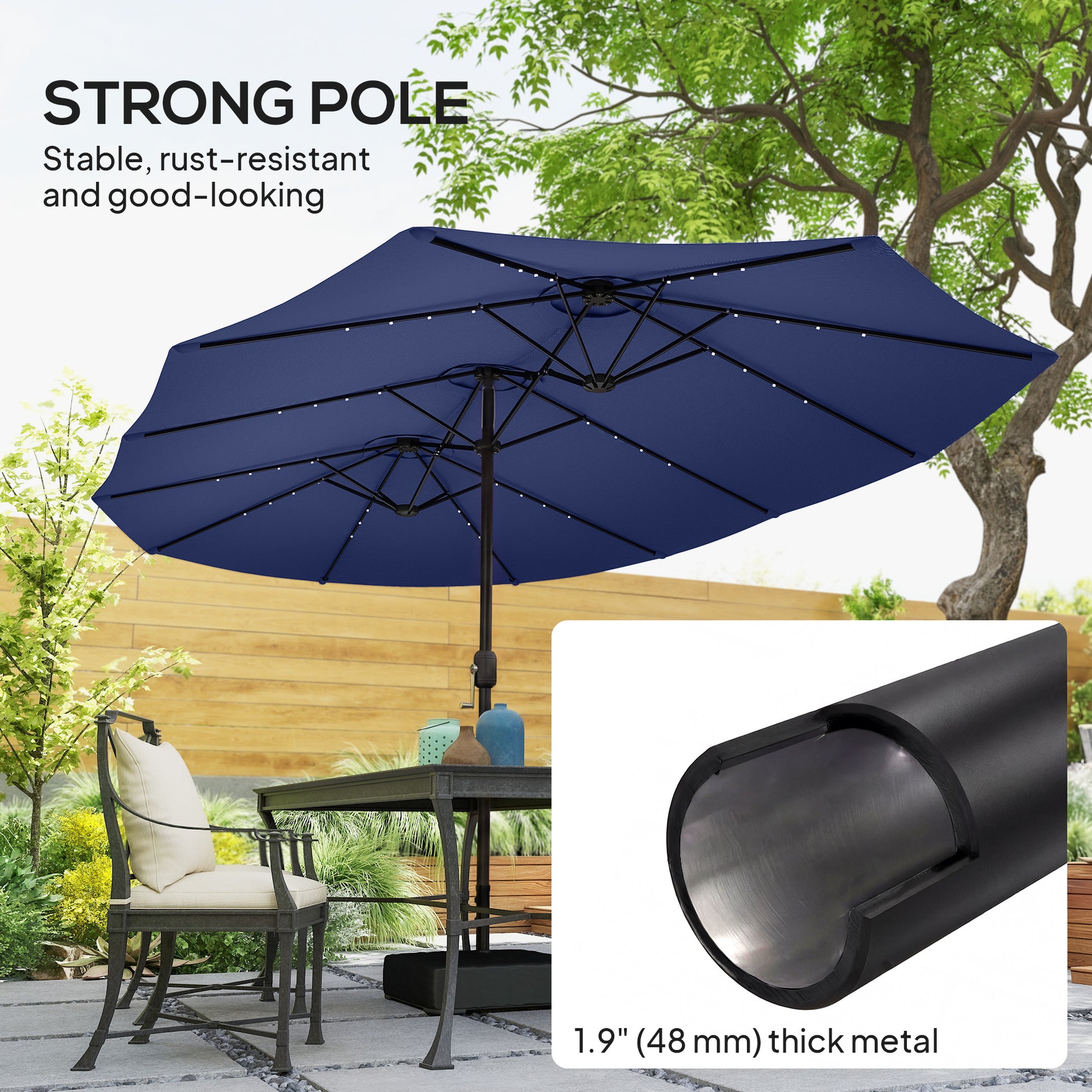 Aosom Double-Sided Patio Umbrella - 48 LED Lights, 15ft Dark Blue-DECOROLALA