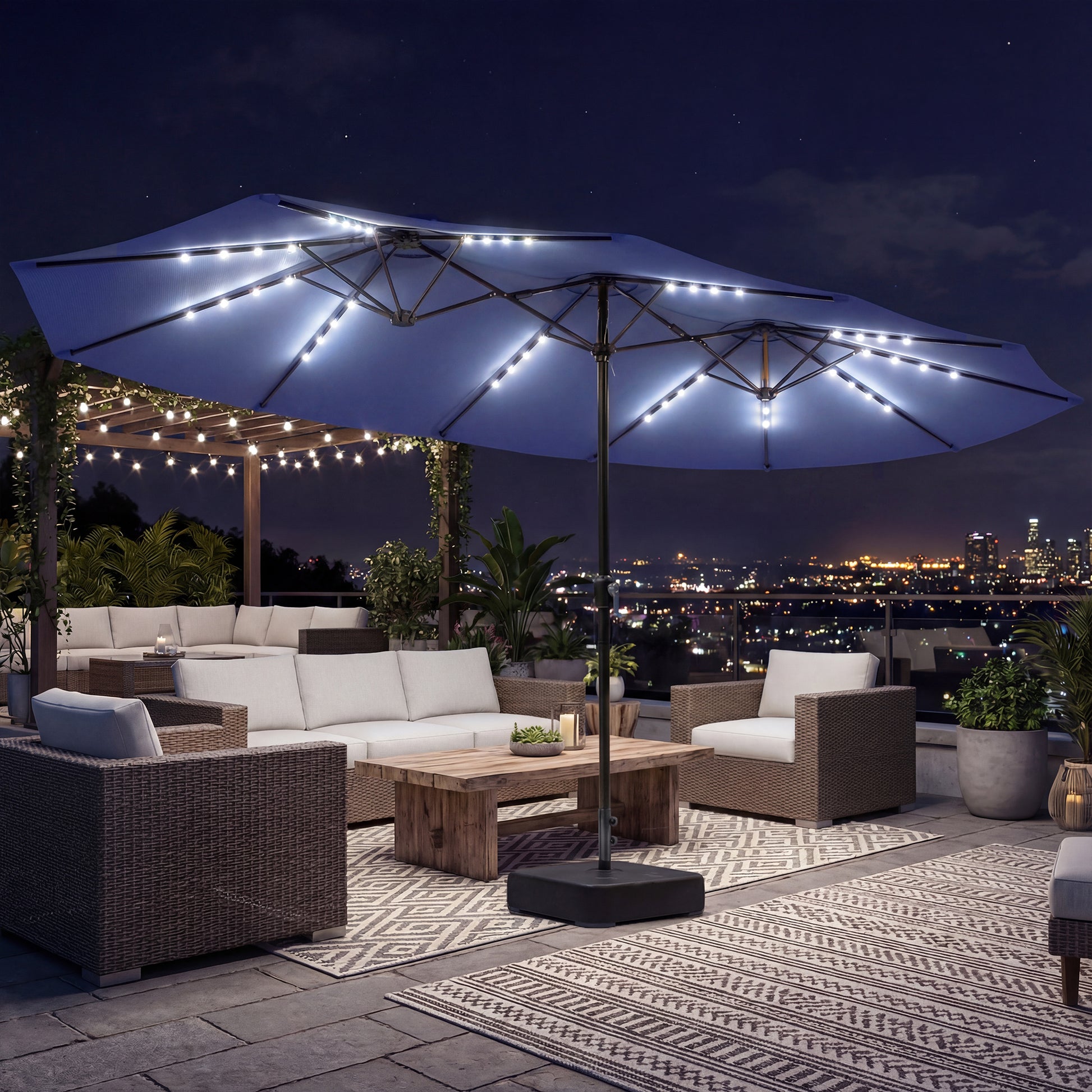 Aosom Double-Sided Patio Umbrella - 48 LED Lights, 15ft Dark Blue-DECOROLALA