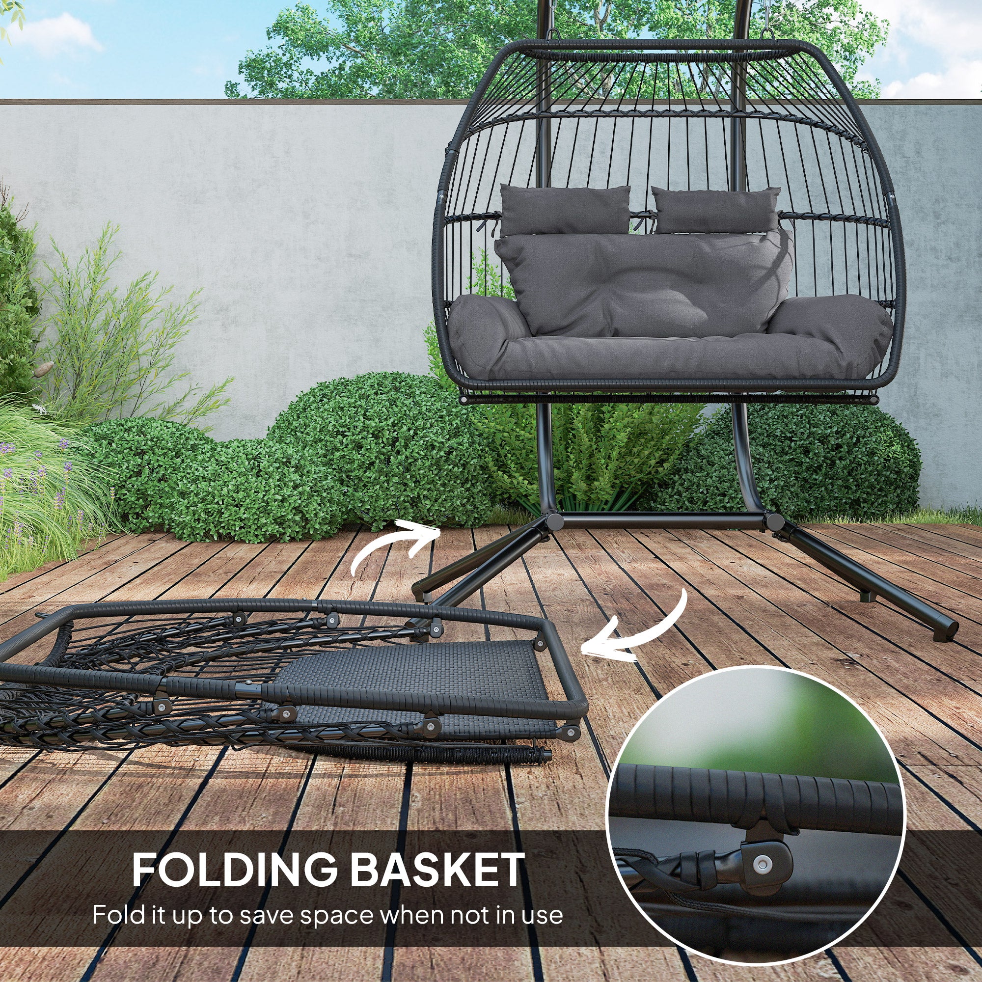 Aosom Double Wicker Egg Swing Chair - Dark Grey Foldable-DECOROLALA