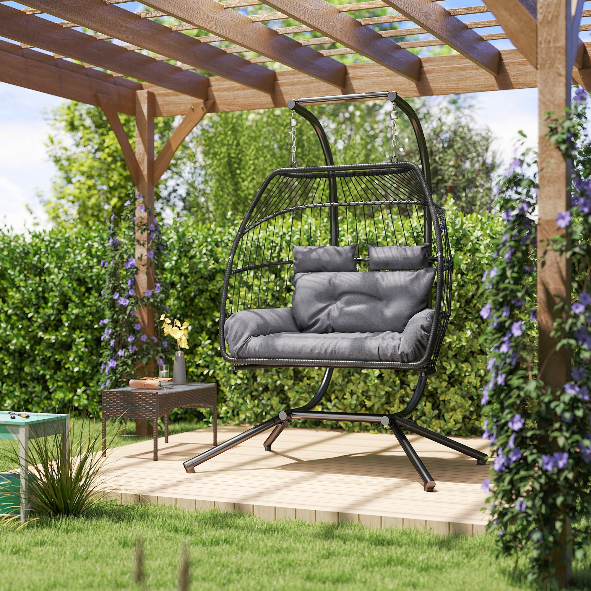 Aosom Double Wicker Egg Swing Chair - Dark Grey Foldable-DECOROLALA