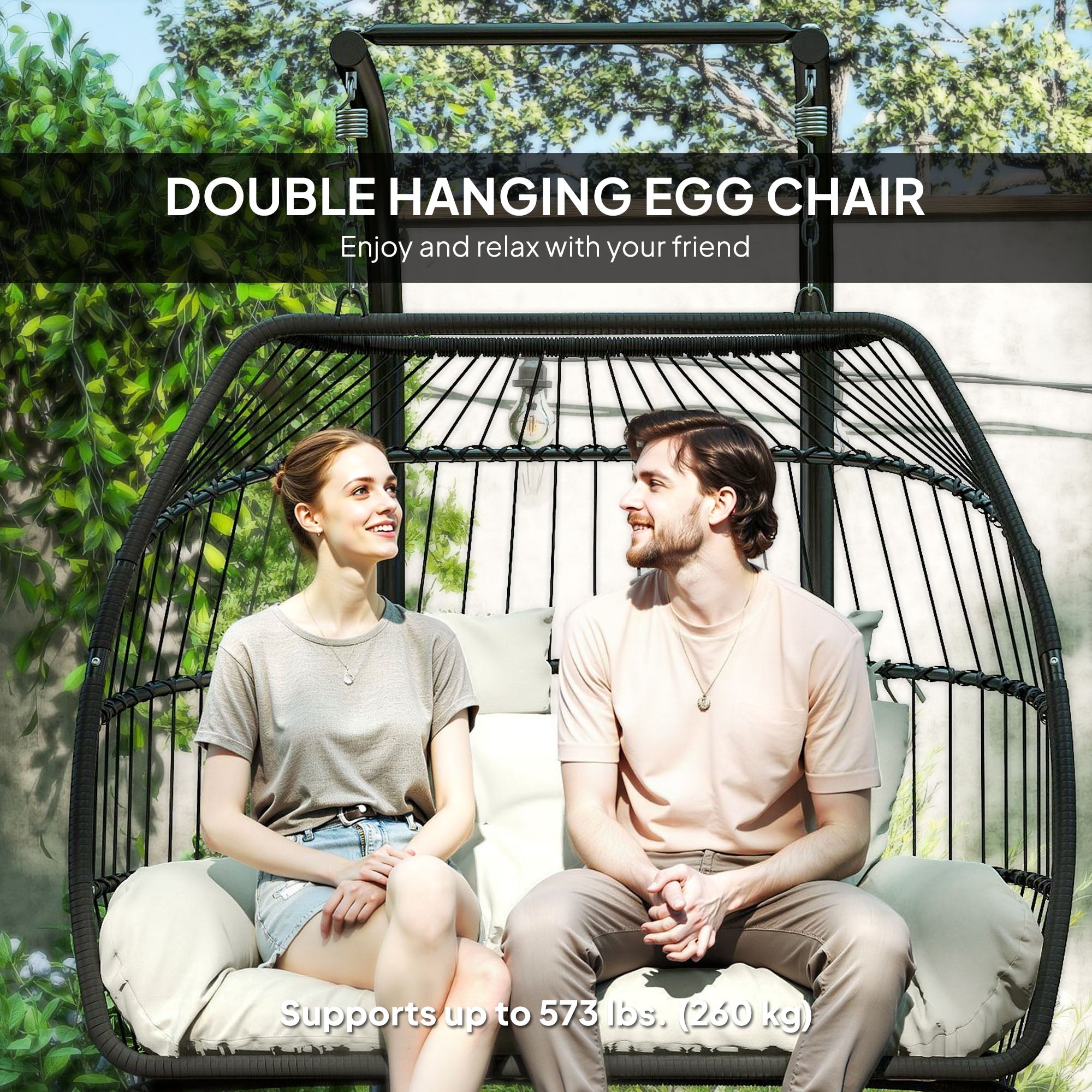 Aosom Double Wicker Egg Swing Chair Foldable Cream-DECOROLALA
