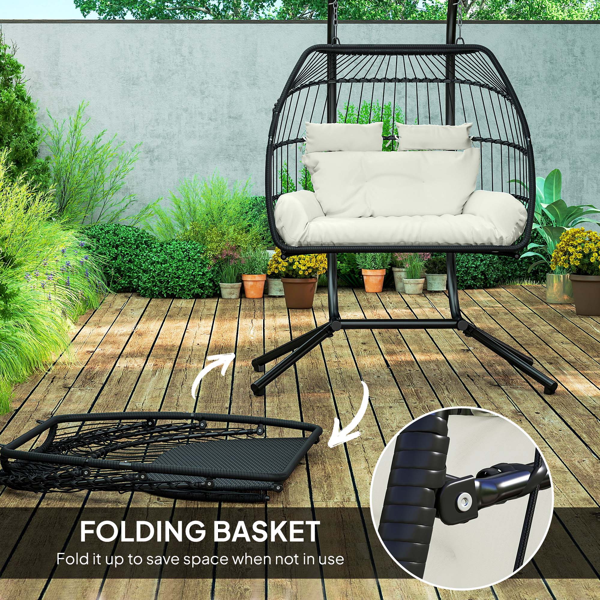 Aosom Double Wicker Egg Swing Chair Foldable Cream-DECOROLALA