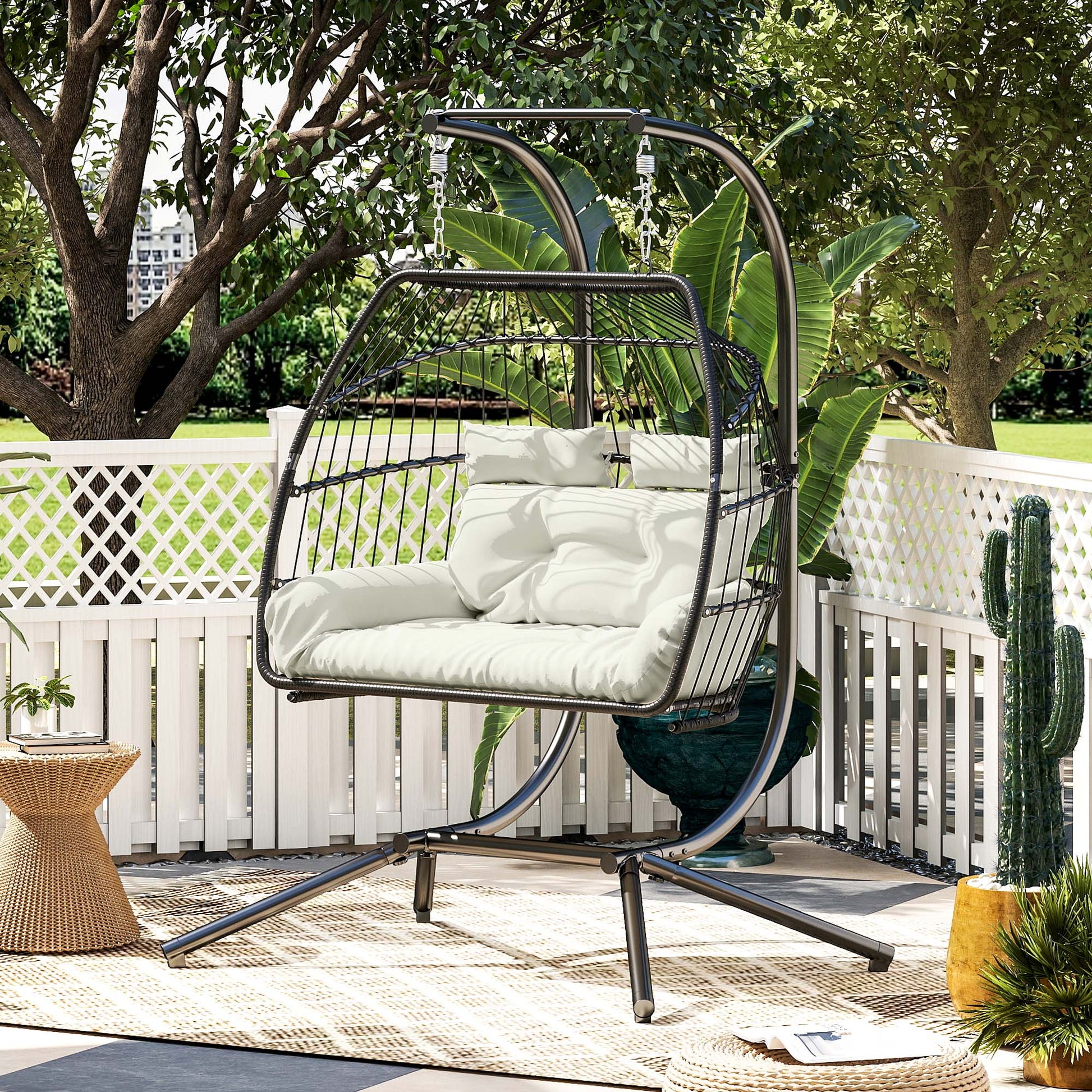 Aosom Double Wicker Egg Swing Chair Foldable Cream-DECOROLALA